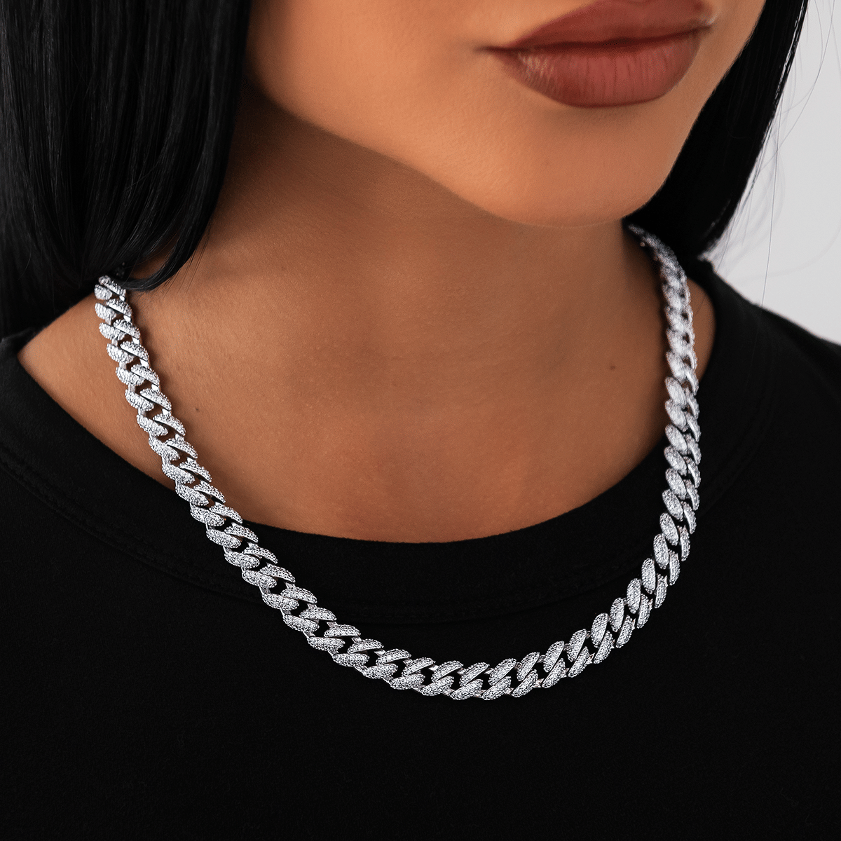 GLD Women Diamond Cuban Necklace in White Gold - 8.5 mm