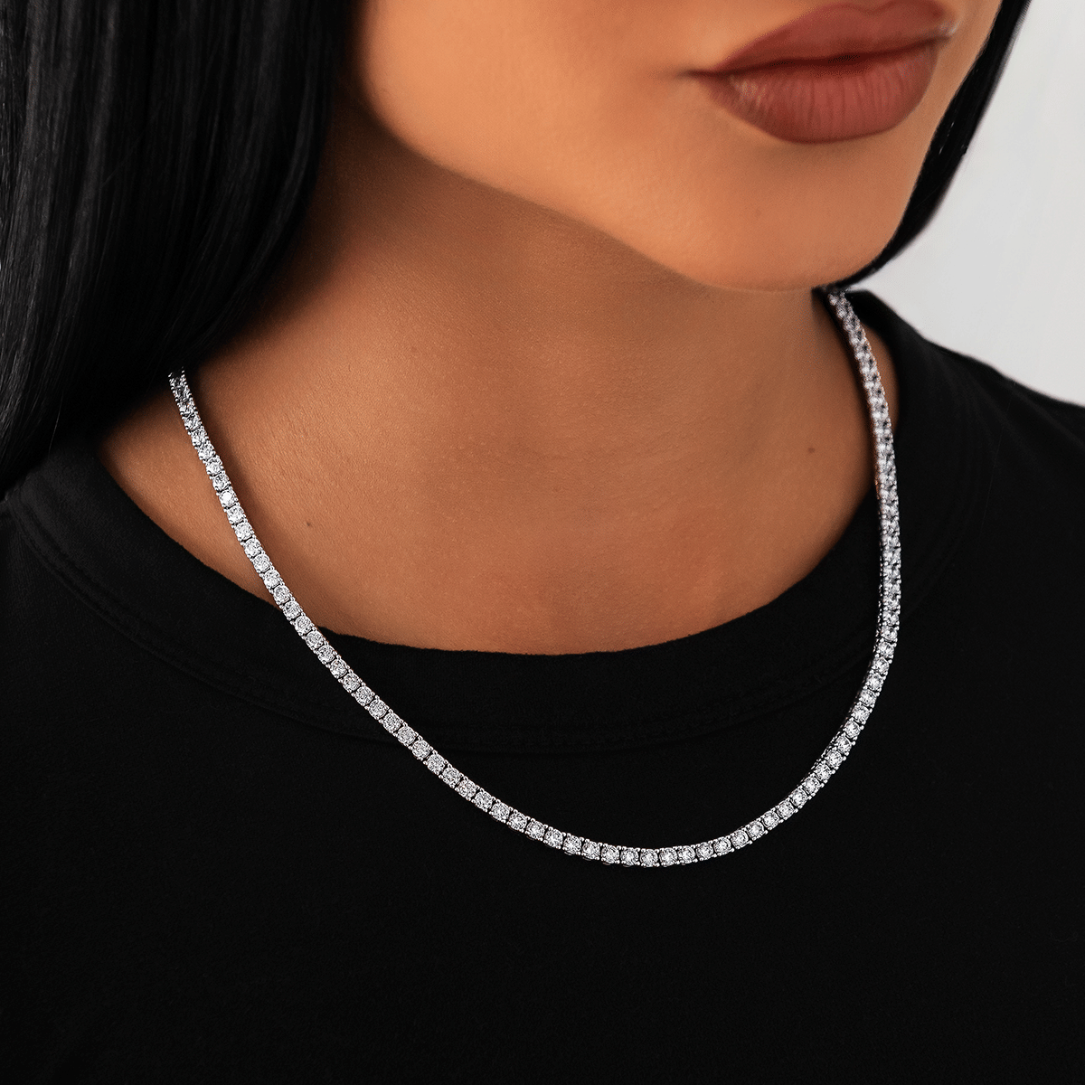 GLD Women Diamond Tennis Necklace in White Gold - 3 mm