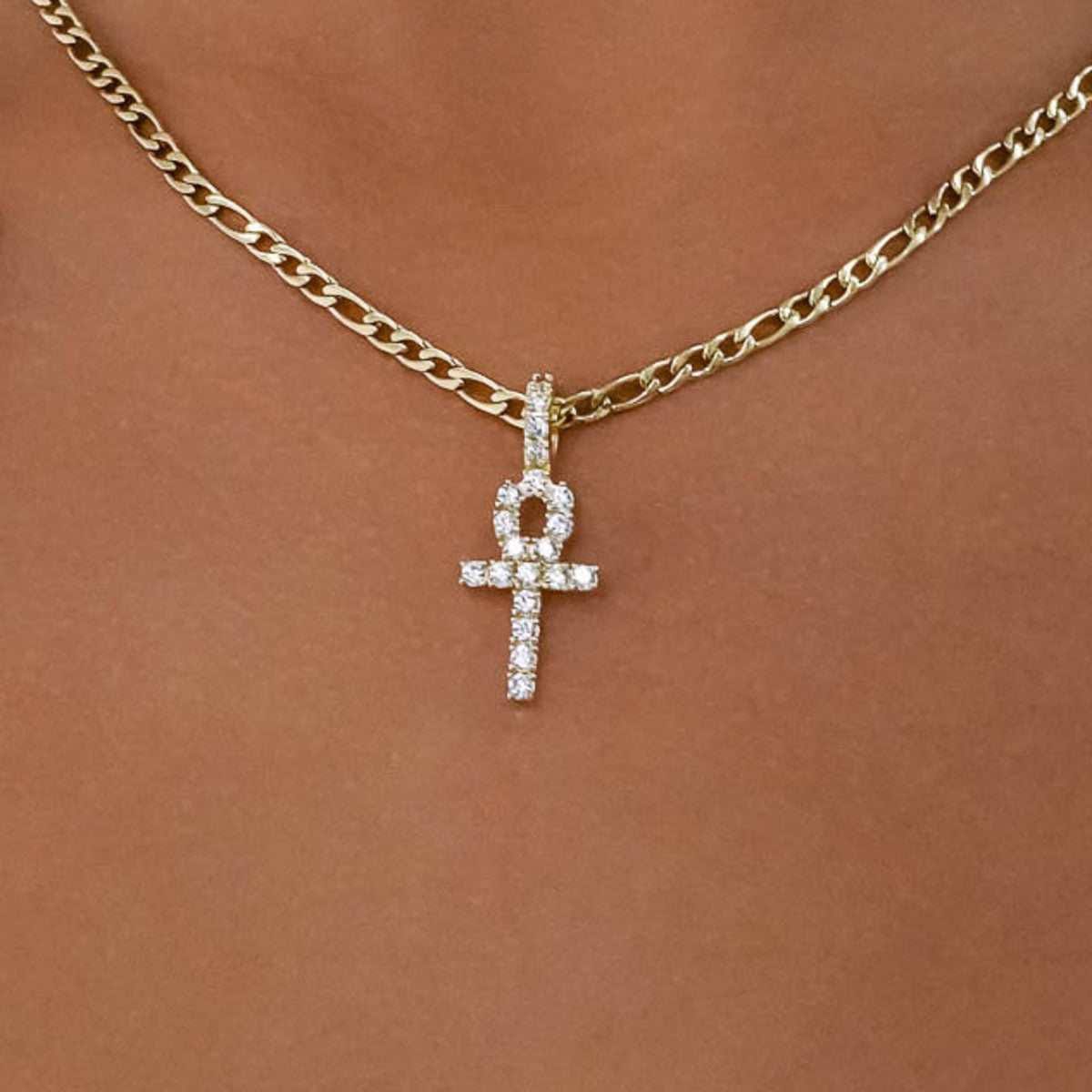 GLD Women Micro Iced Ankh Cross Pendant in Yellow Gold