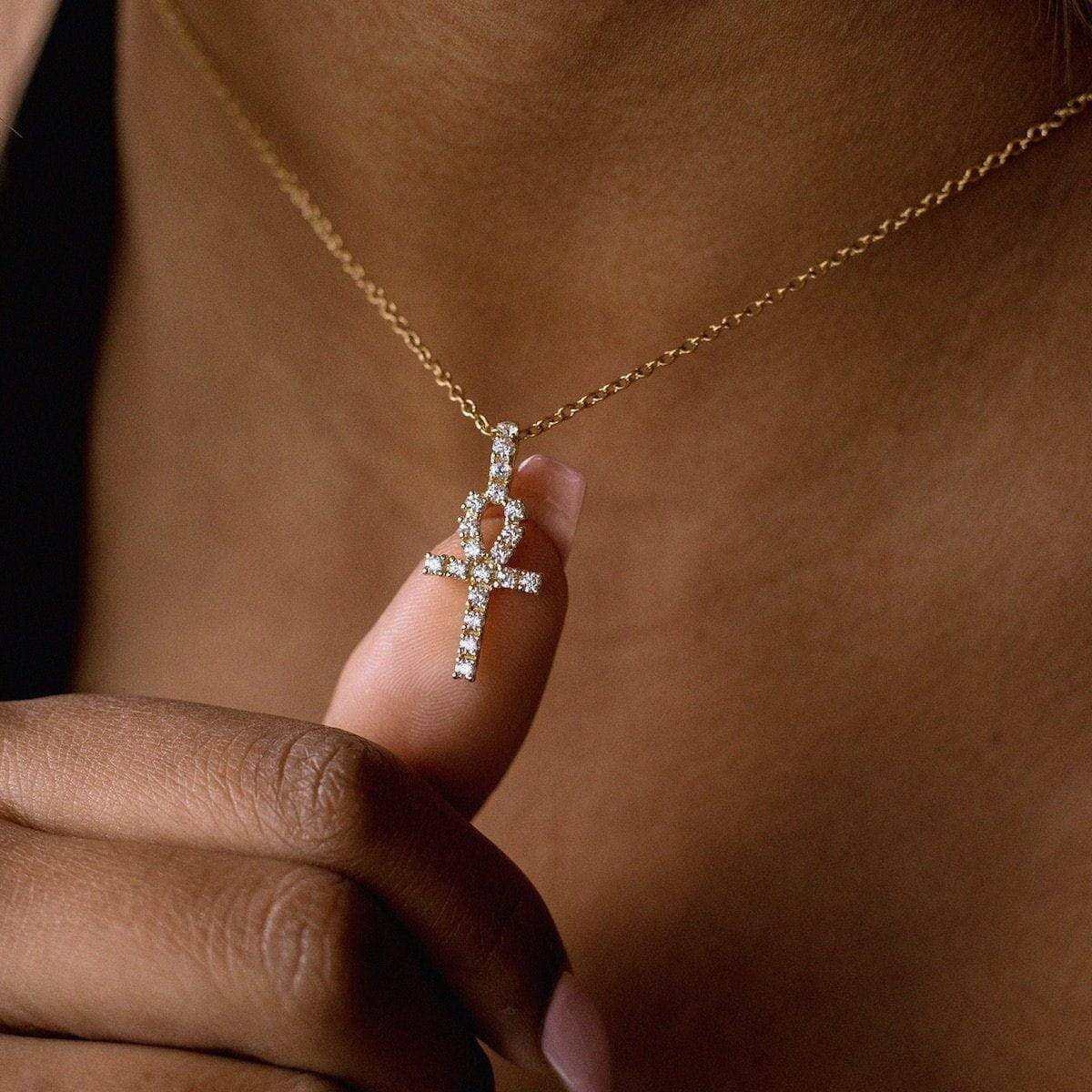 GLD Women Micro Iced Ankh Cross Pendant in Yellow Gold