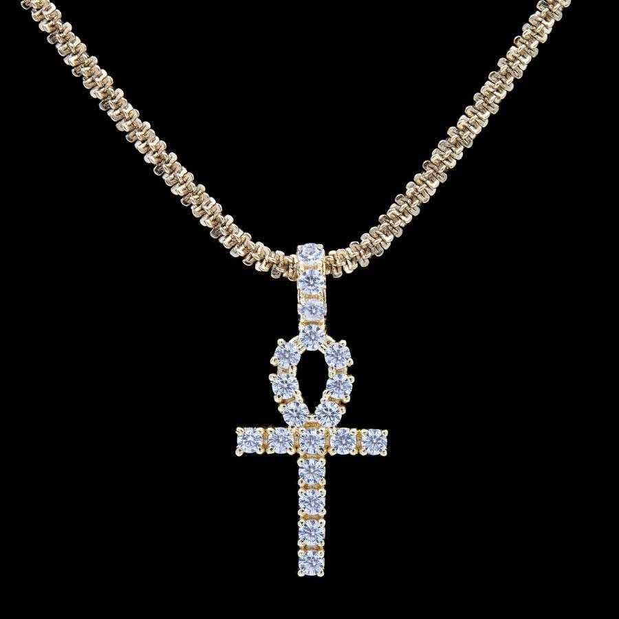 GLD Women Micro Iced Ankh Cross Pendant in Yellow Gold