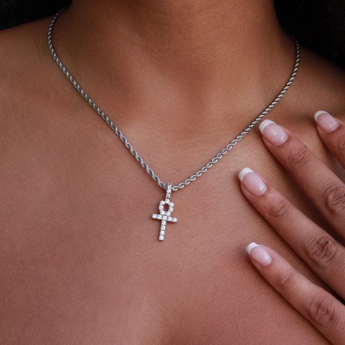 GLD Women Micro Iced Ankh Cross Pendant in White Gold