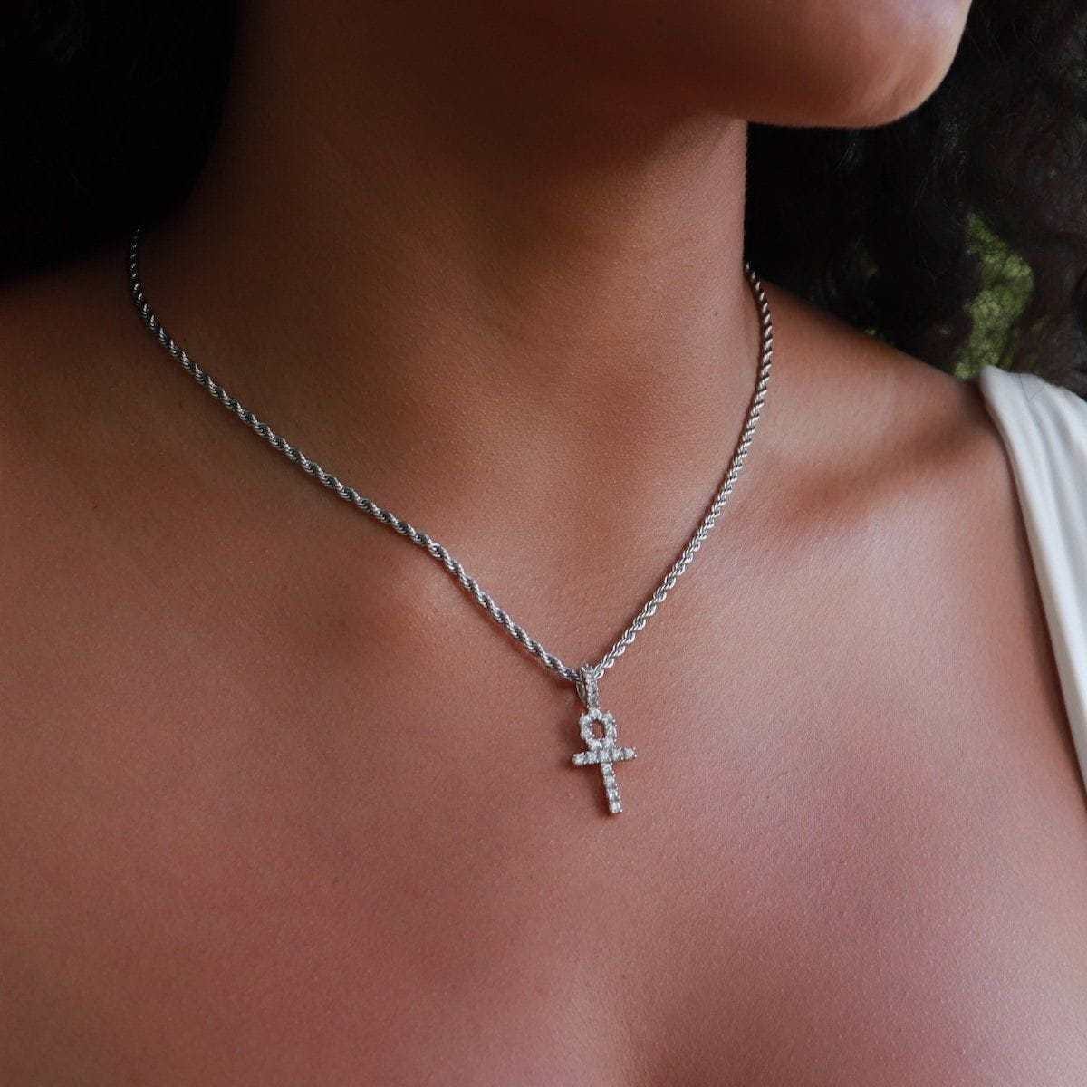 GLD Women Micro Iced Ankh Cross Pendant in White Gold