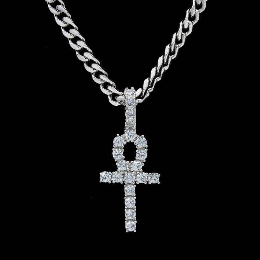GLD Women Micro Iced Ankh Cross Pendant in White Gold