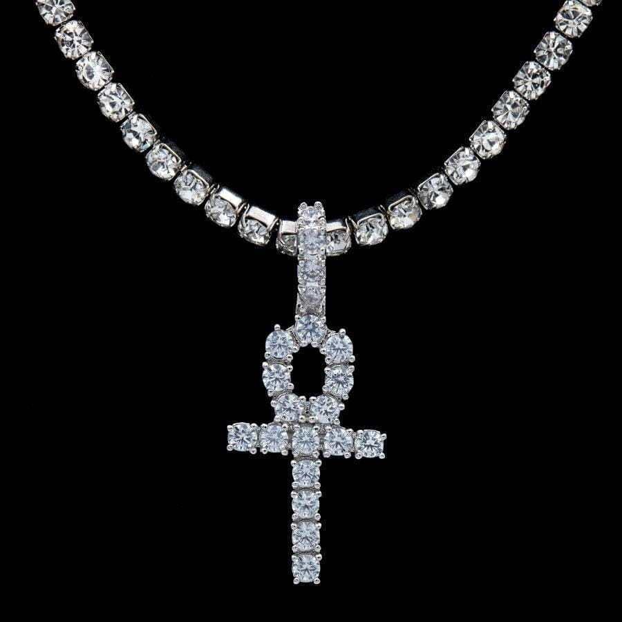 GLD Women Micro Iced Ankh Cross Pendant in White Gold