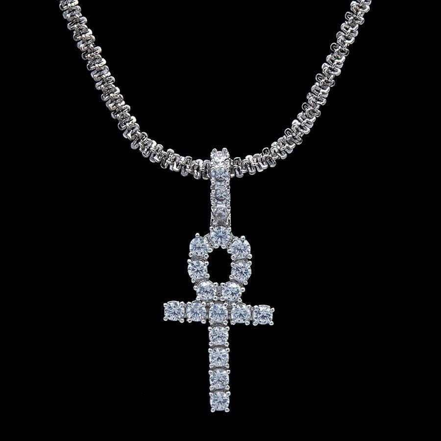 GLD Women Micro Iced Ankh Cross Pendant in White Gold