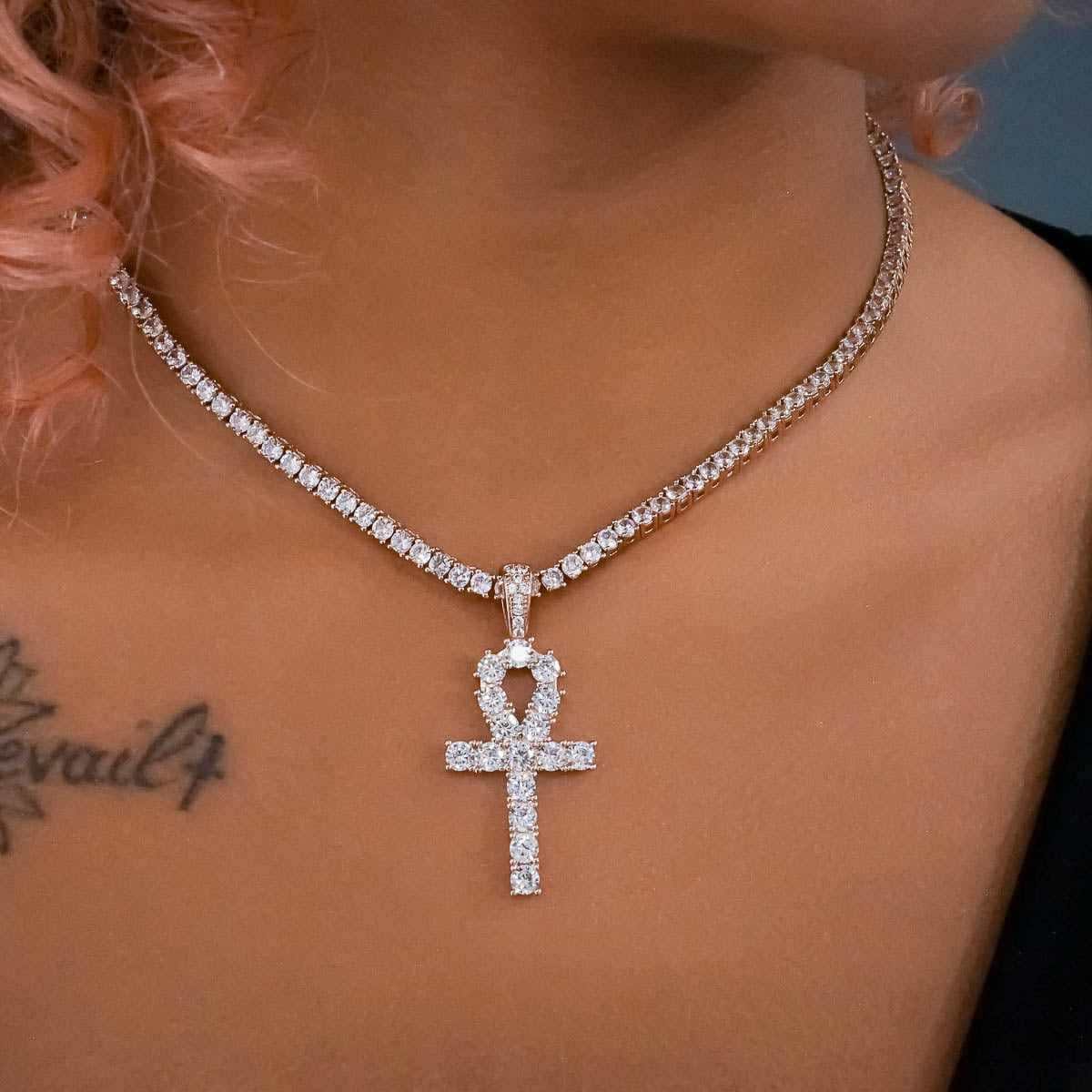 GLD Women Iced Ankh Cross Pendant in Rose Gold