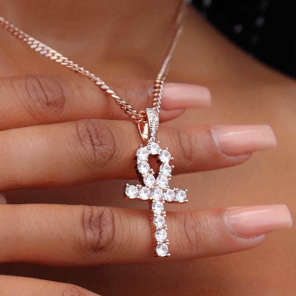 GLD Women Iced Ankh Cross Pendant in Rose Gold