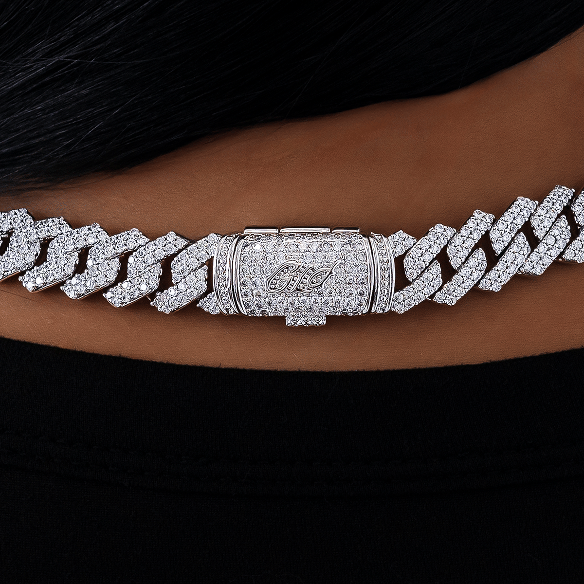 GLD Women Diamond Prong Link Necklace in White Gold - 12 mm