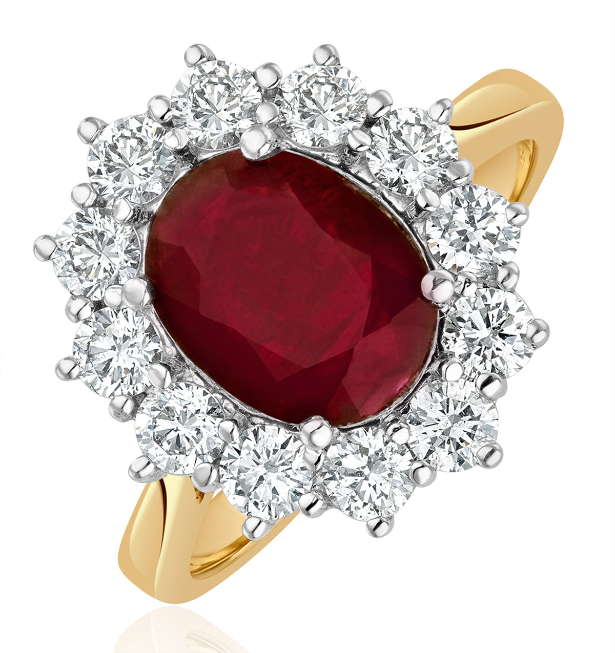Diamond 2.40ct Oval Cut Ruby and Lab Diamond Halo Ring in 9K Yellow Gold