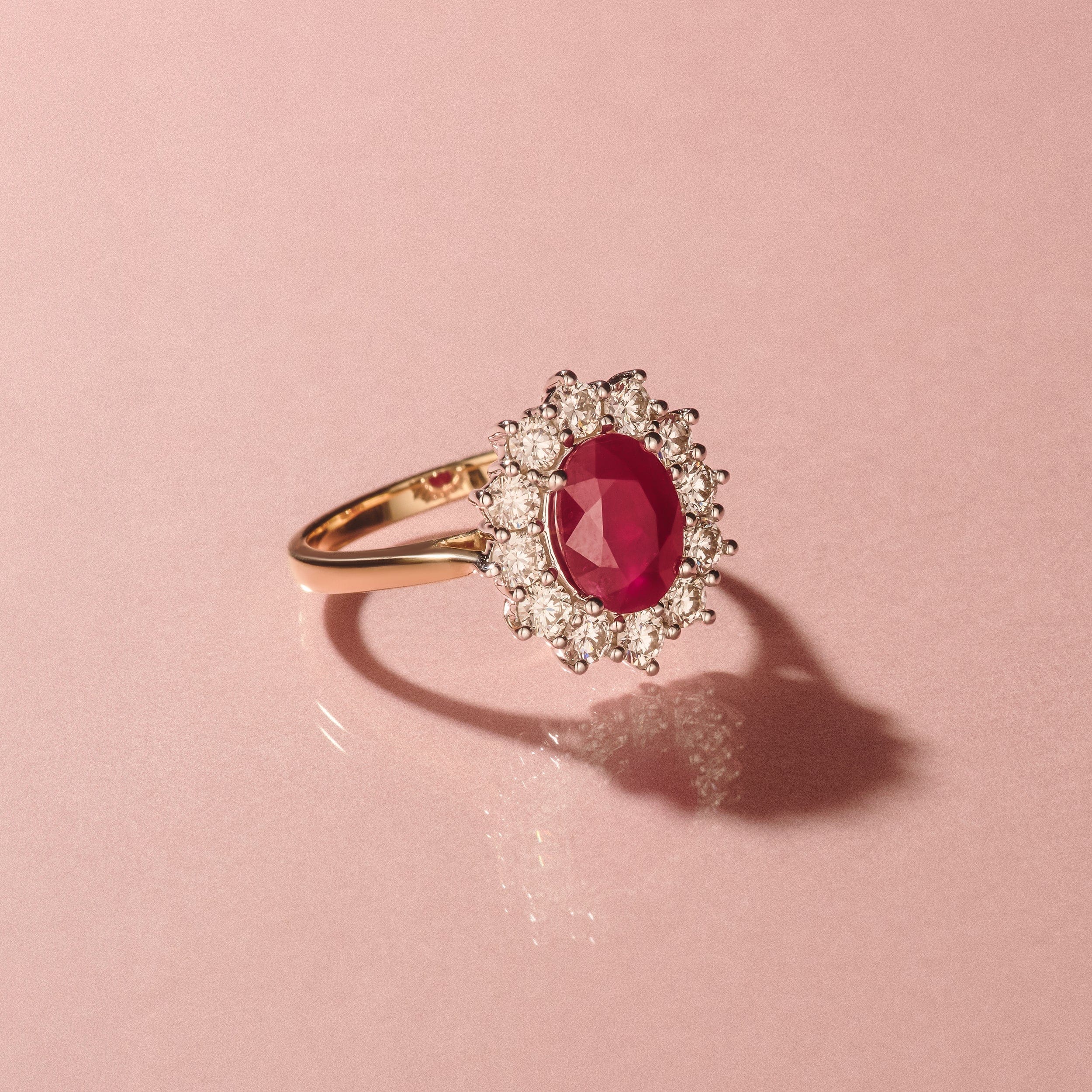 Diamond 2.40ct Oval Cut Ruby and Lab Diamond Halo Ring in 9K Yellow Gold