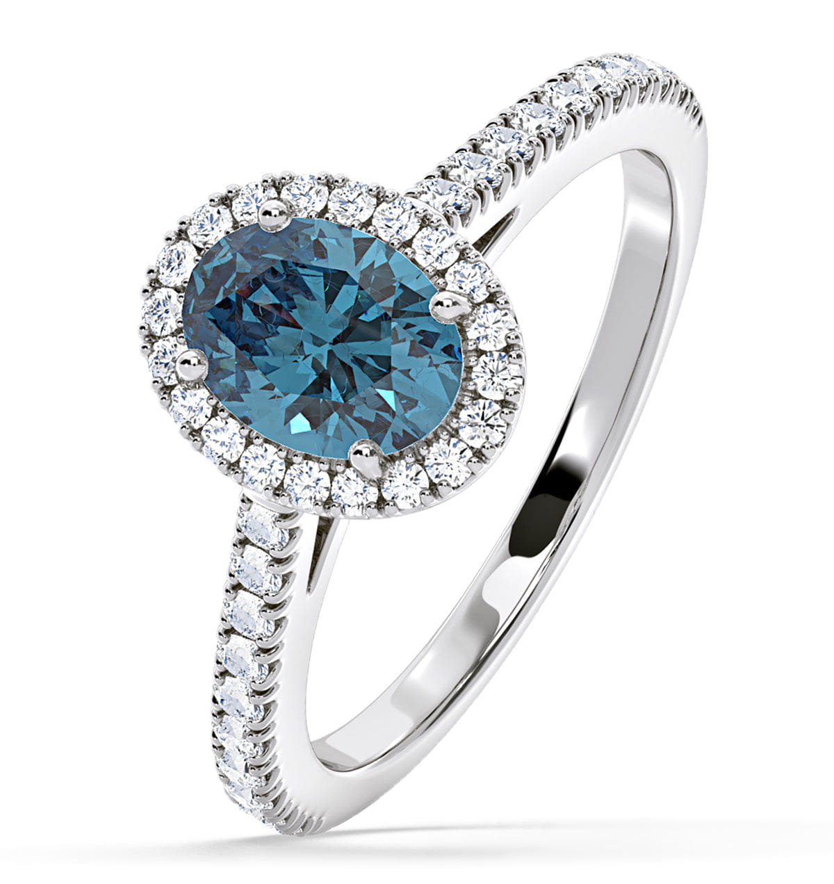 Diamond Georgina Blue Lab Diamond Oval Halo 1.60ct Ring in 18K White Gold - Elara Collection