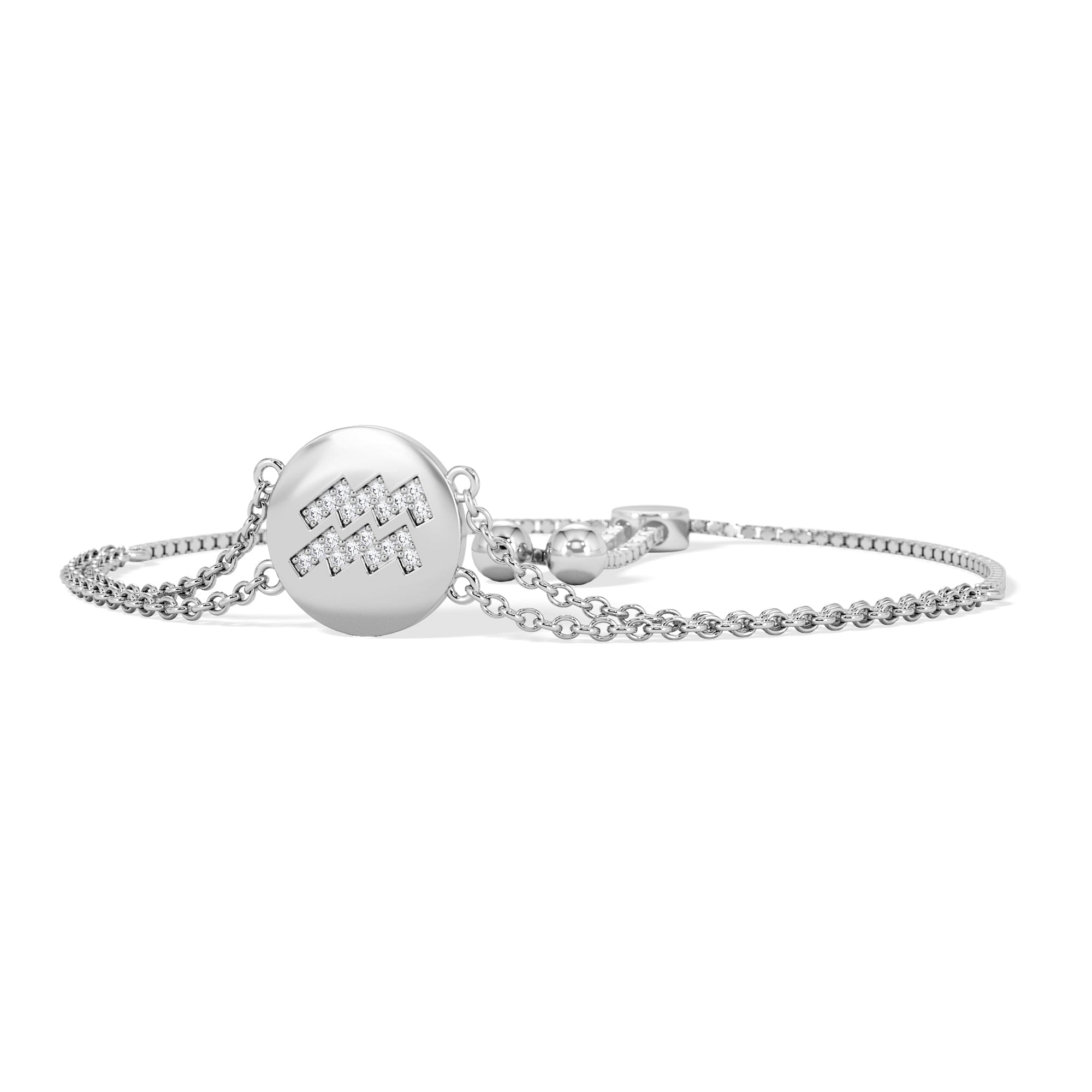 Lab Grown Astrology Aquarius 0.07ct Lab Grown Diamond Adjustable Medallion Bracelet Sterling Silver