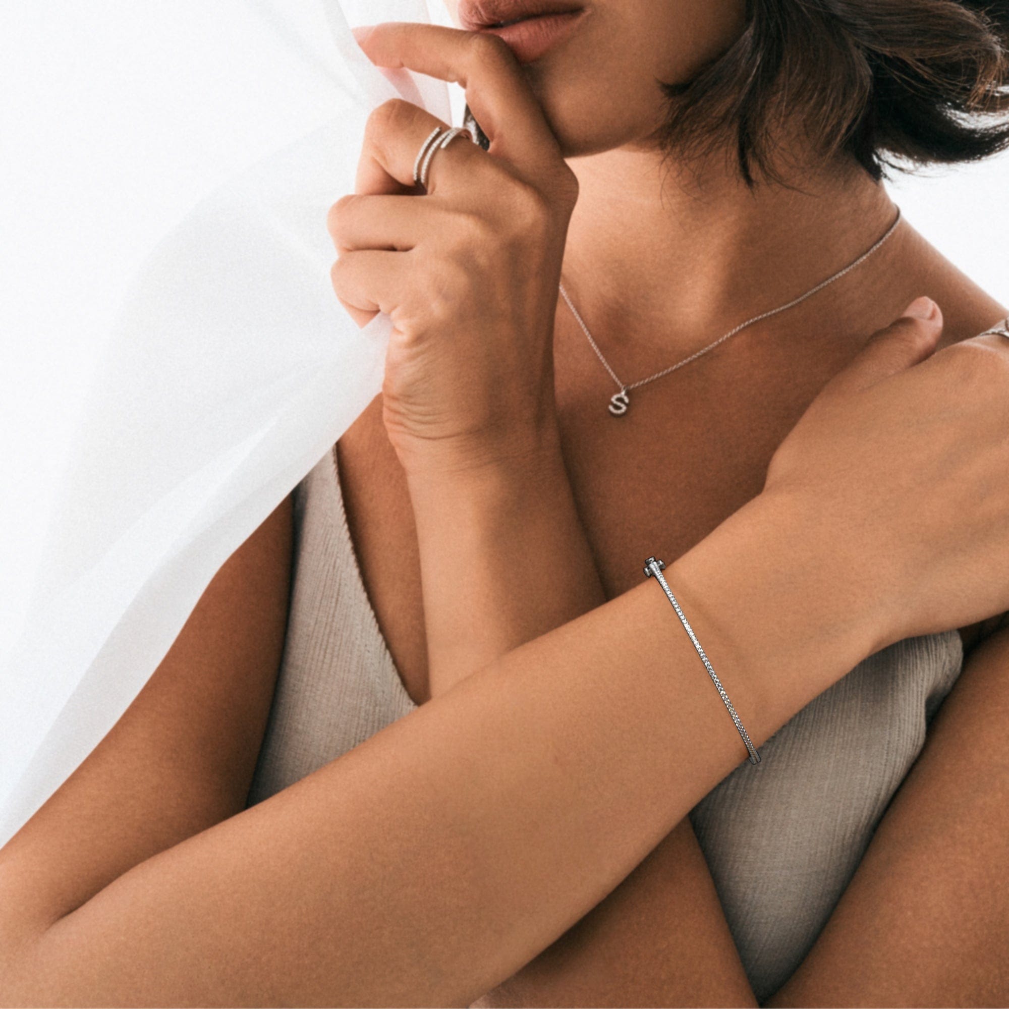 Diamond 0.50ct Lab Diamond Half Pavé Bangle Bracelet in Sterling Silver