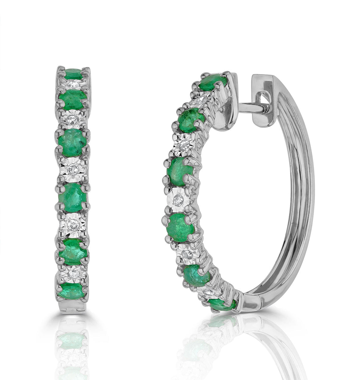 Diamond Emerald and Lab Diamond Hoops Earrings Stellato Collection 925 Silver