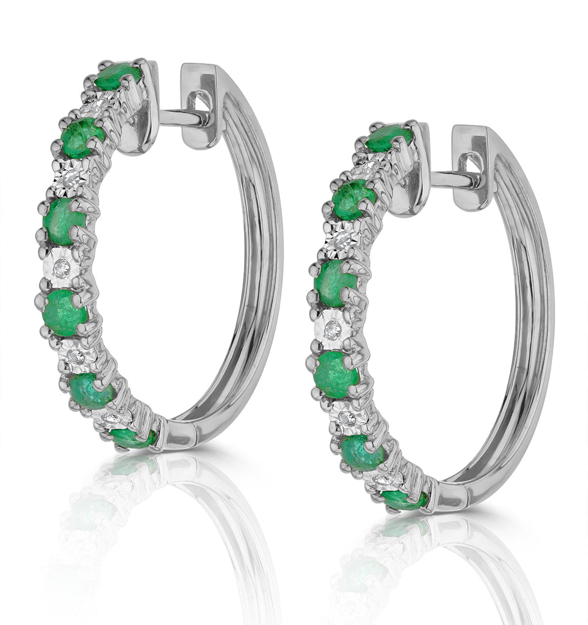 Diamond Emerald and Lab Diamond Hoops Earrings Stellato Collection 925 Silver