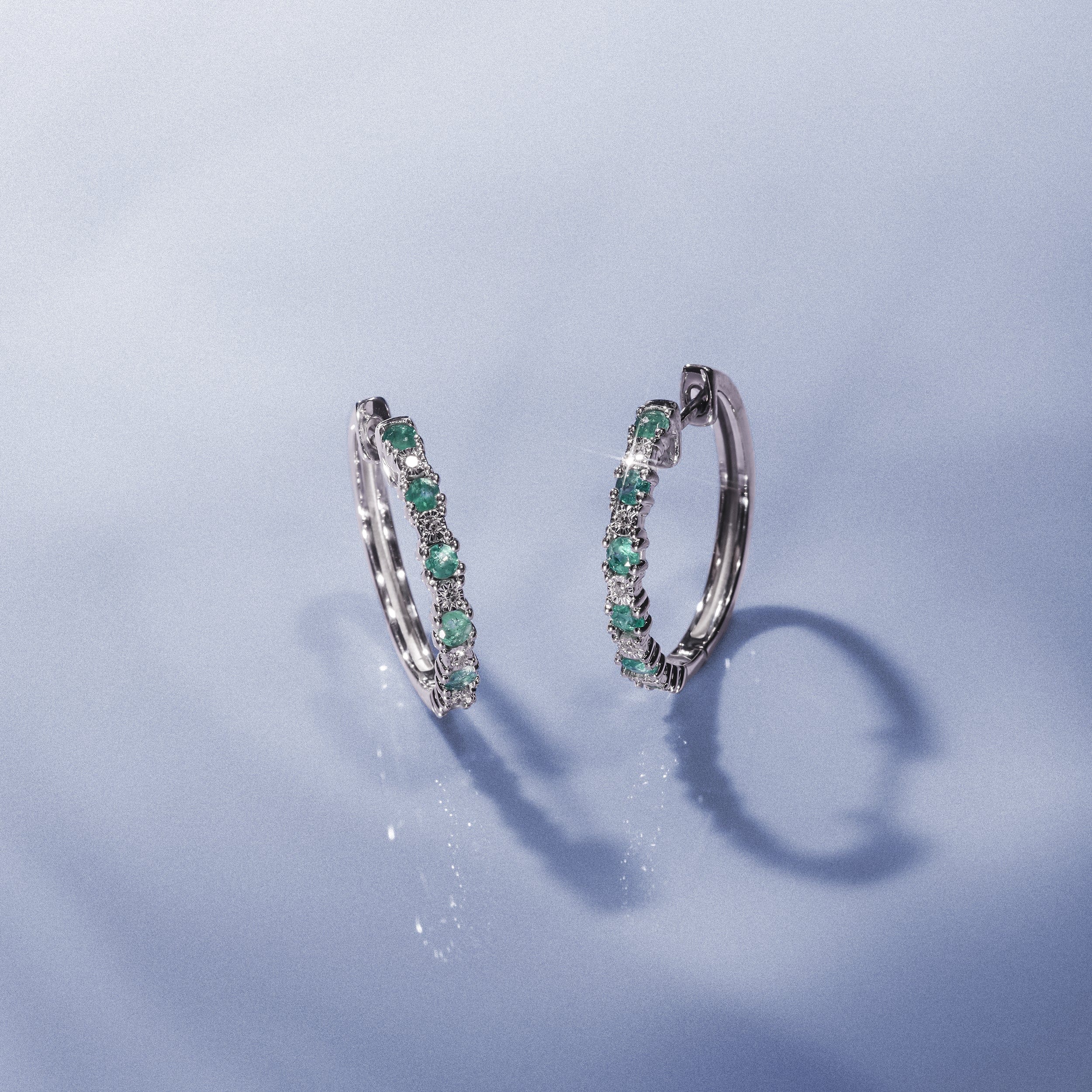 Diamond Emerald and Lab Diamond Hoops Earrings Stellato Collection 925 Silver