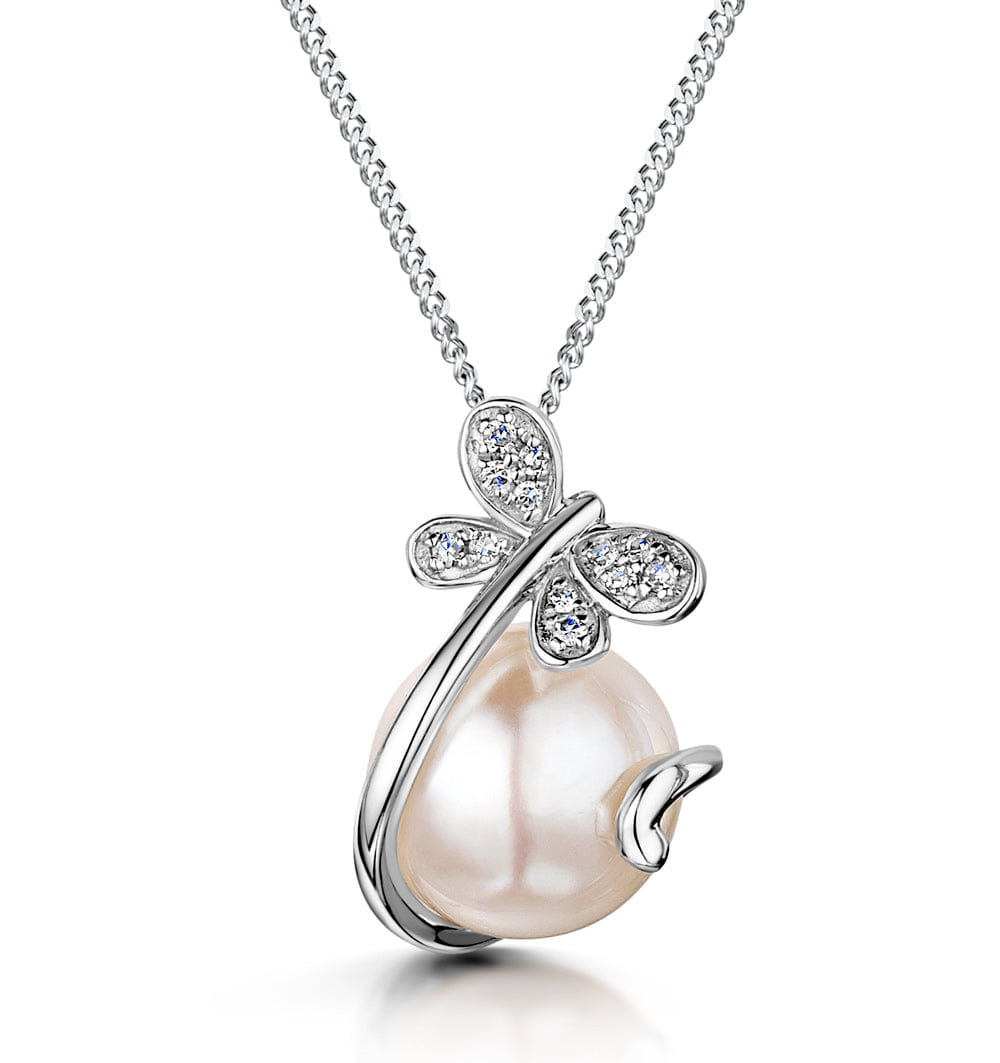 Diamond Button Pearl and Diamond Stellato Pendant Necklace in 9K White Gold