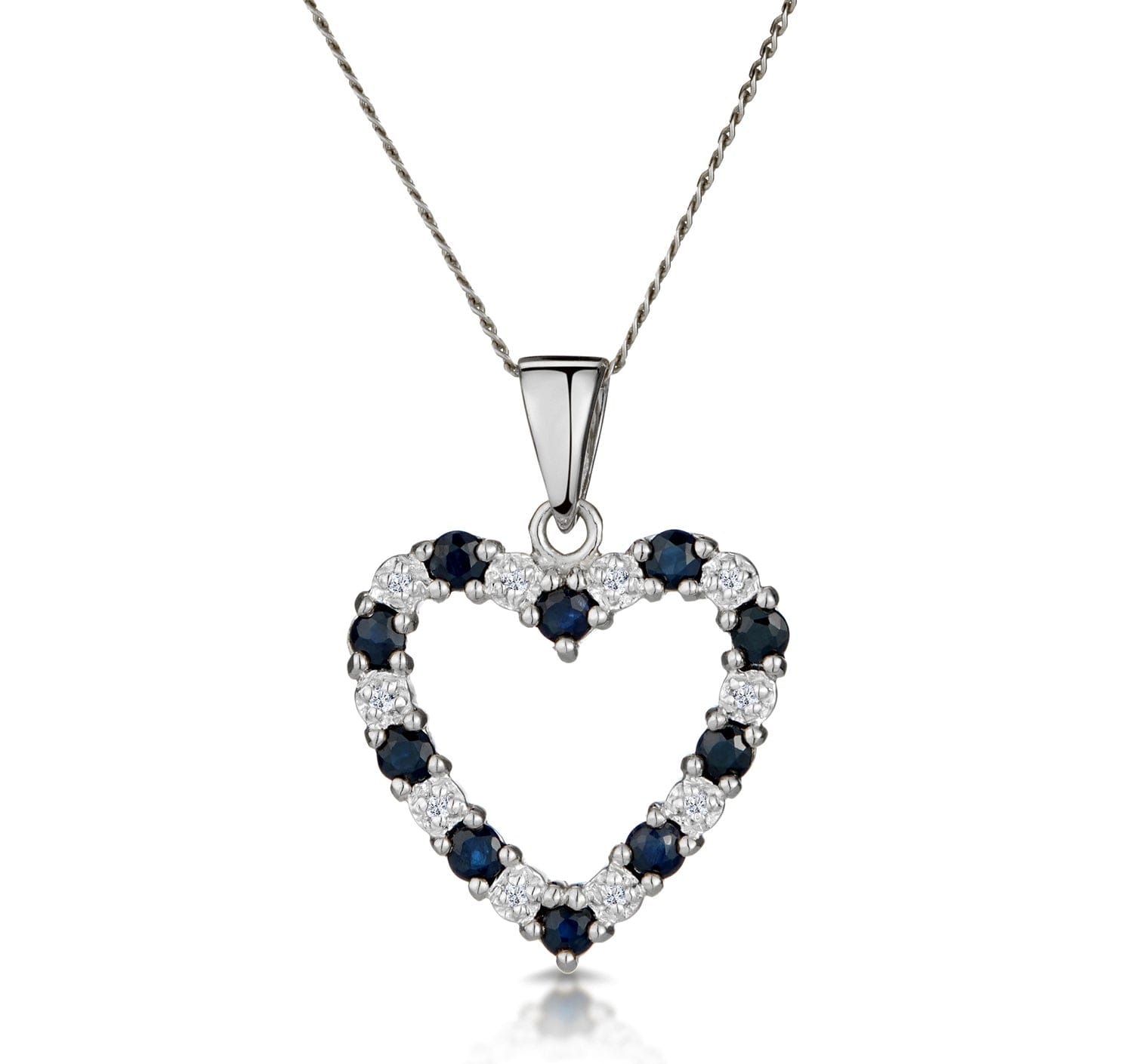 Diamond 9K White Gold 0.03ct Diamond and Sapphire Heart Pendant Necklace