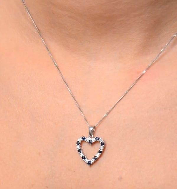 Diamond 9K White Gold 0.03ct Diamond and Sapphire Heart Pendant Necklace