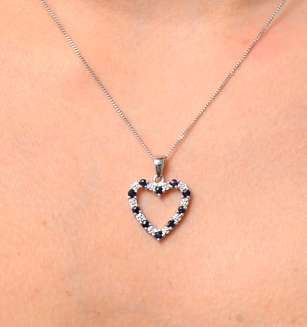 Diamond 9K White Gold 0.03ct Diamond and Sapphire Heart Pendant Necklace