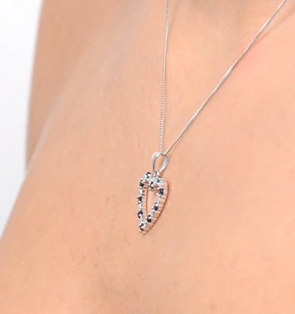 Diamond 9K White Gold 0.03ct Diamond and Sapphire Heart Pendant Necklace