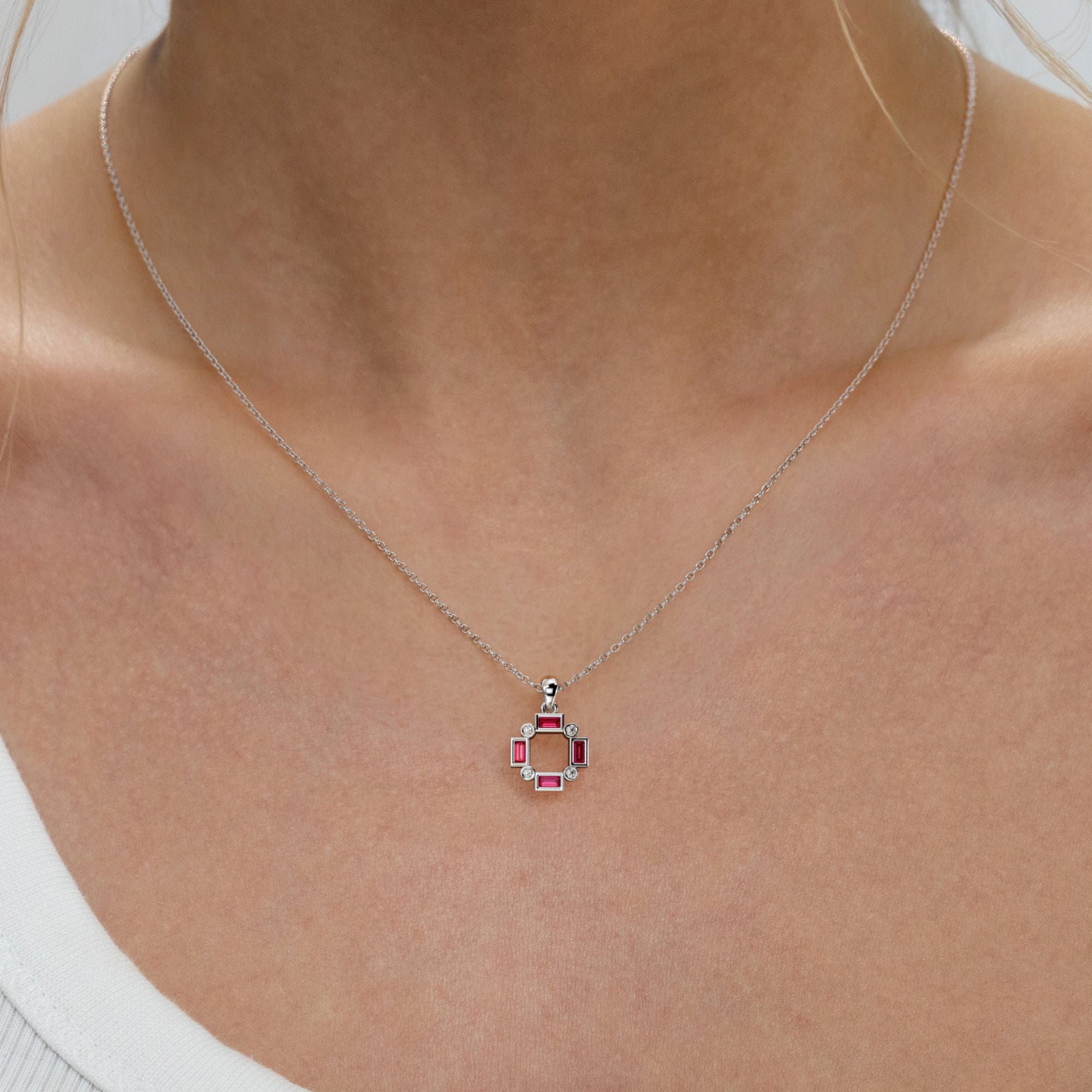 The Diamond Store Forme 0.48ct Baguette Cut Lab Ruby Pendant Necklace in Sterling Silver