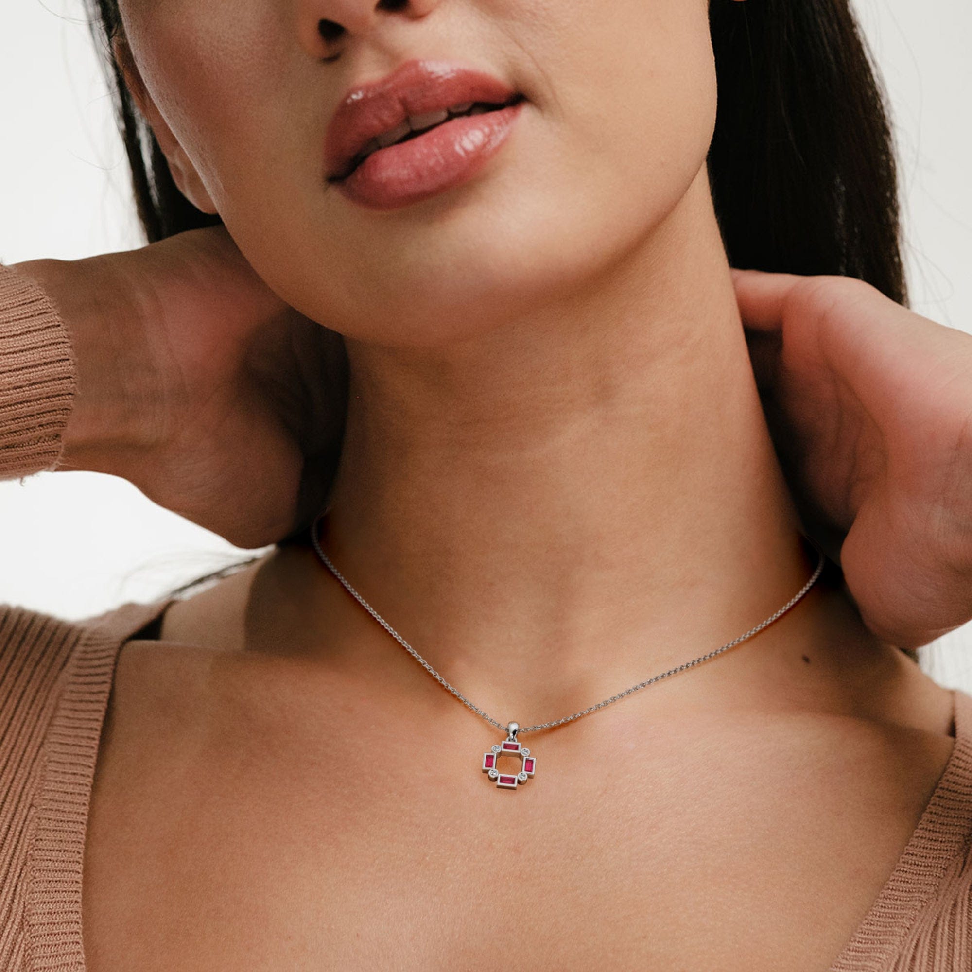 The Diamond Store Forme 0.48ct Baguette Cut Lab Ruby Pendant Necklace in Sterling Silver