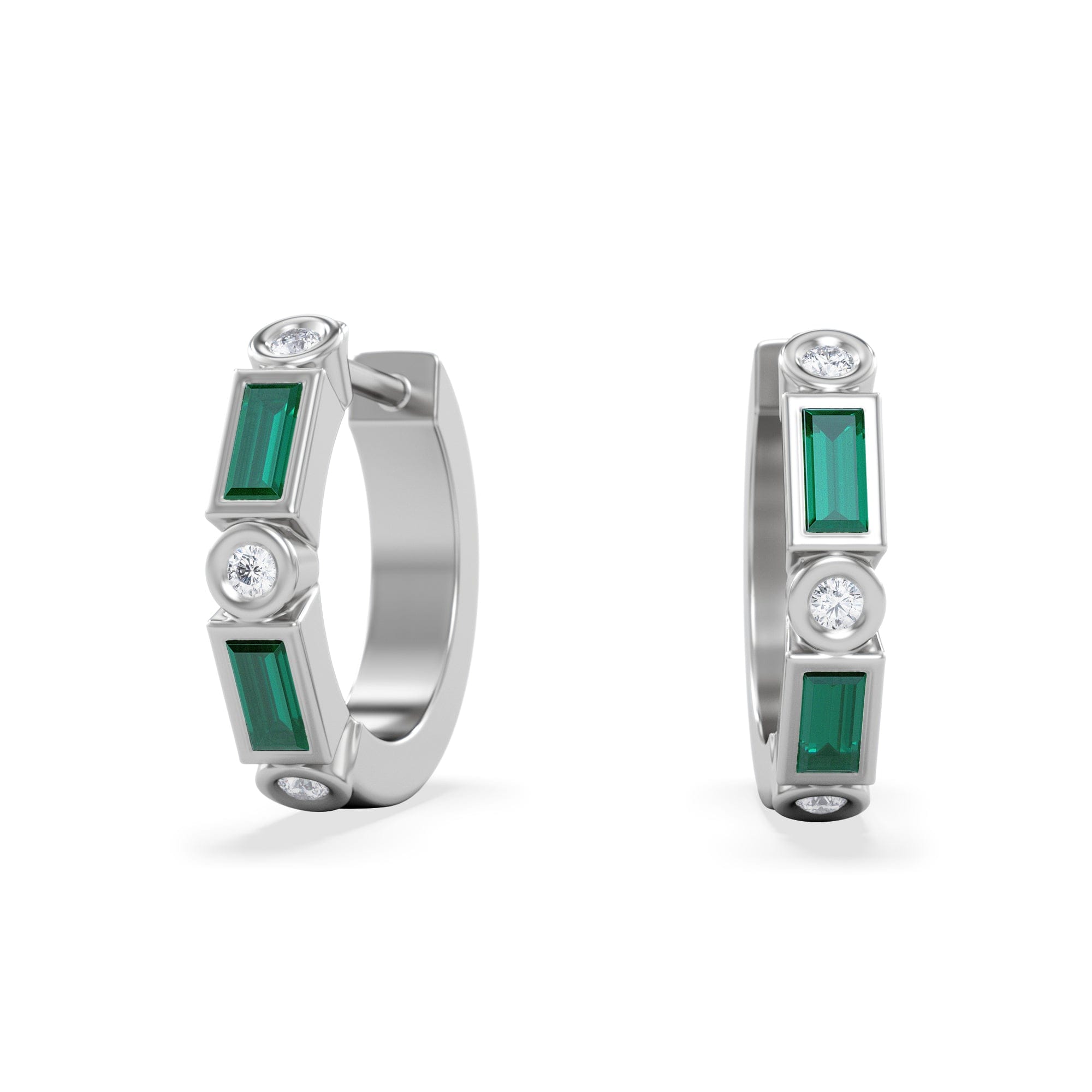 The Diamond Store Forme 0.52ct Baguette Cut Lab Emerald Huggie Earrings in Sterling Silver