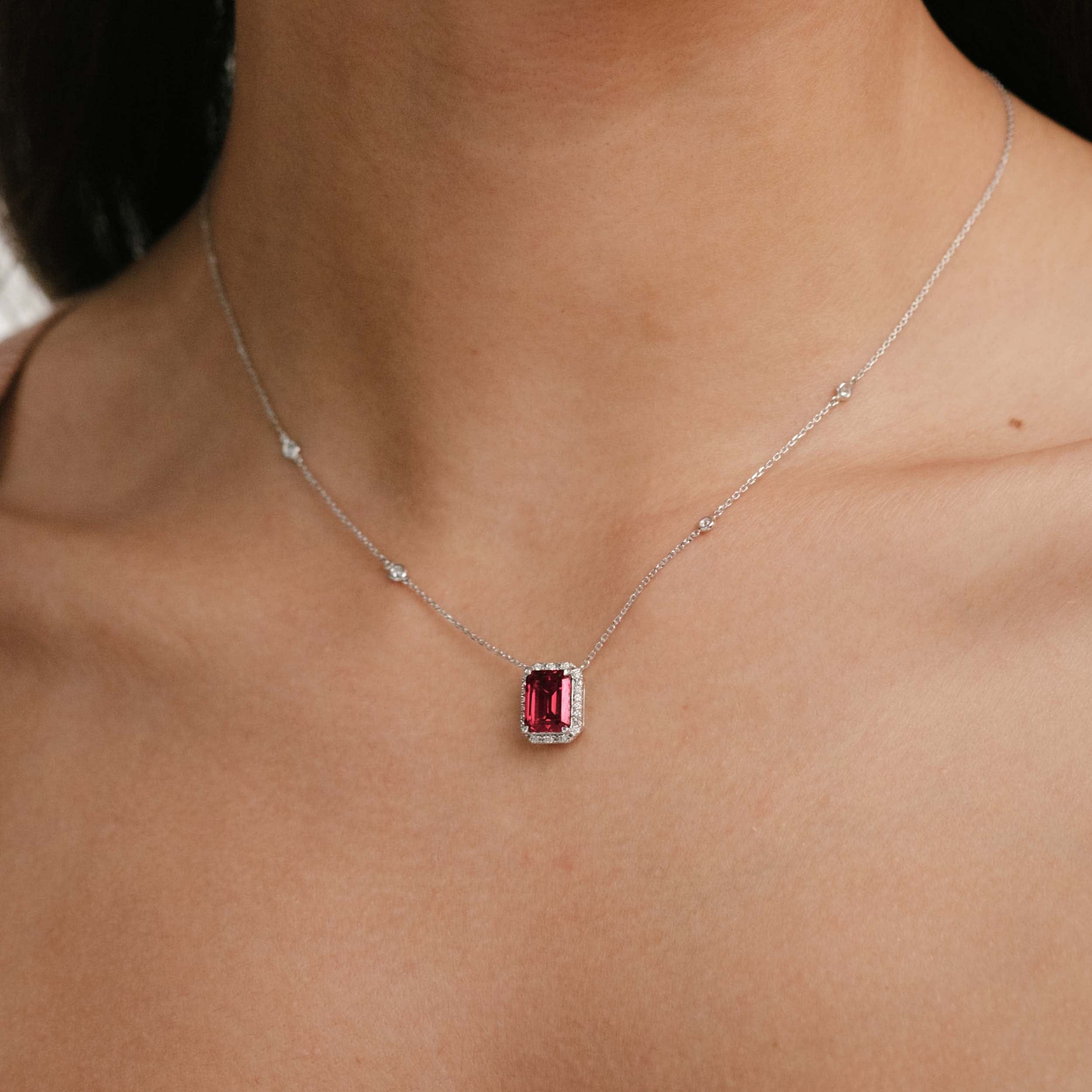 Diamond Astra 1.80ct Lab Ruby and Diamond Halo Octagon Cut Necklace in Silver