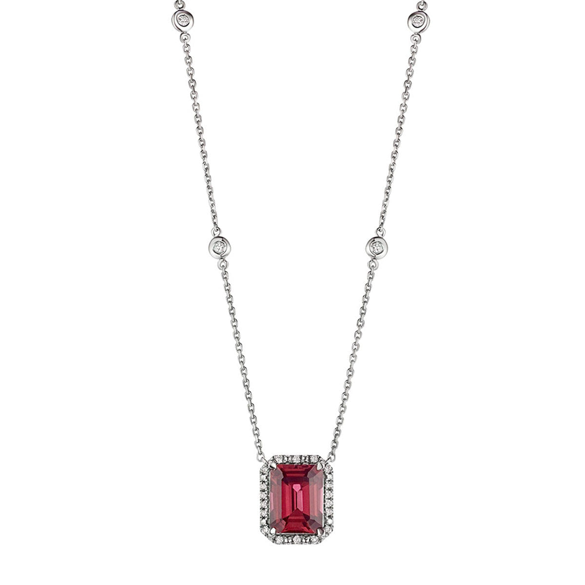 Diamond Astra 1.80ct Lab Ruby and Diamond Halo Octagon Cut Necklace in Silver