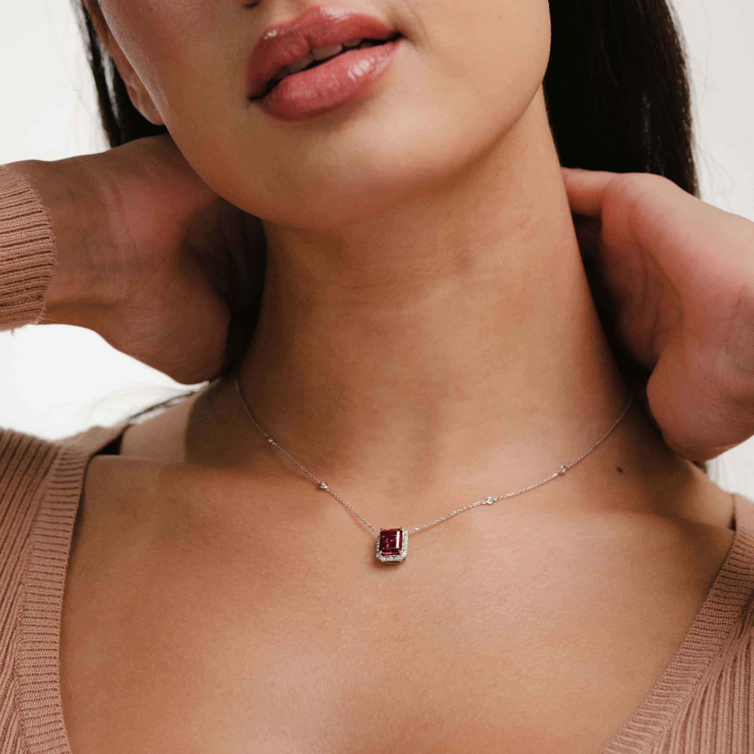 Diamond Astra 1.80ct Lab Ruby and Diamond Halo Octagon Cut Necklace in Silver