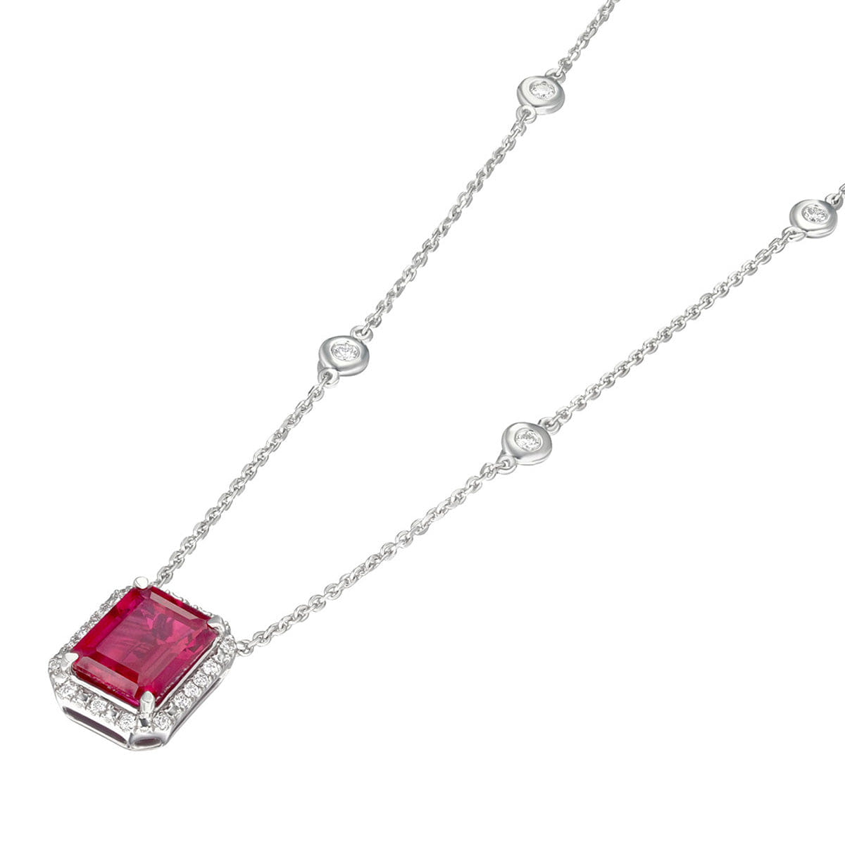 Diamond Astra 1.80ct Lab Ruby and Diamond Halo Octagon Cut Necklace in Silver