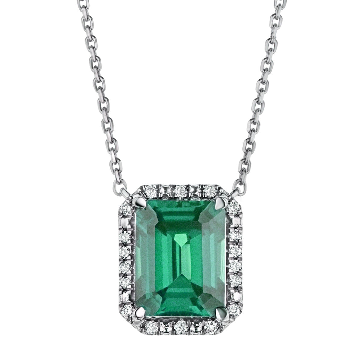 Diamond Astra 1.50ct Lab Emerald and Diamond Halo Octagon Cut Necklace in Silver
