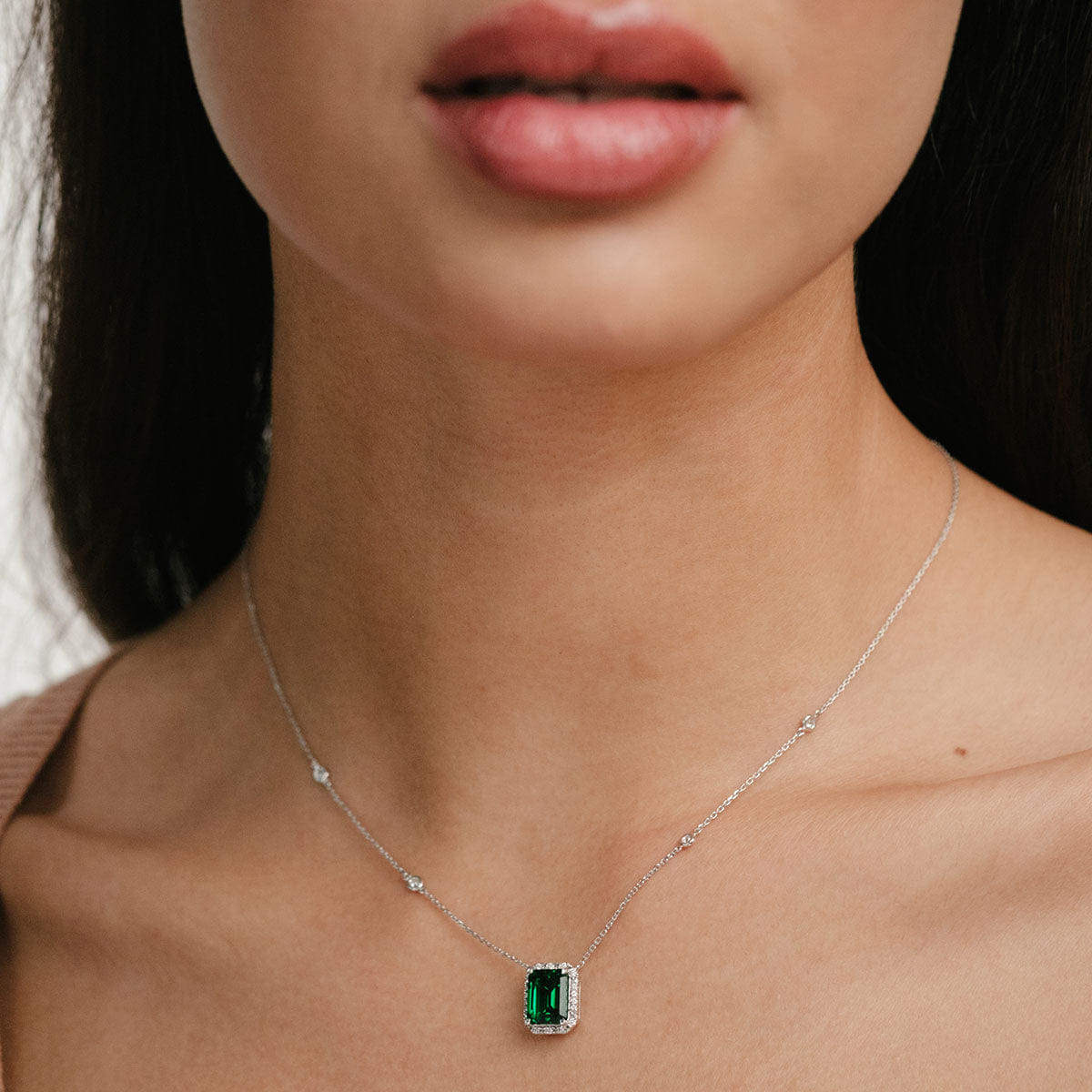 Diamond Astra 1.50ct Lab Emerald and Diamond Halo Octagon Cut Necklace in Silver