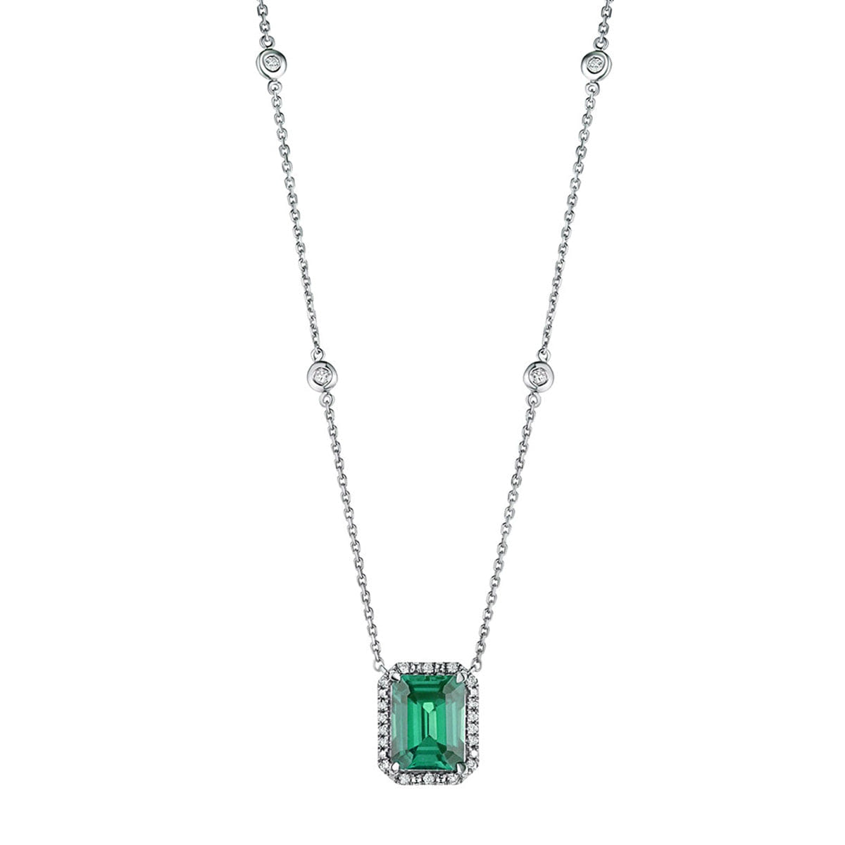 Diamond Astra 1.50ct Lab Emerald and Diamond Halo Octagon Cut Necklace in Silver