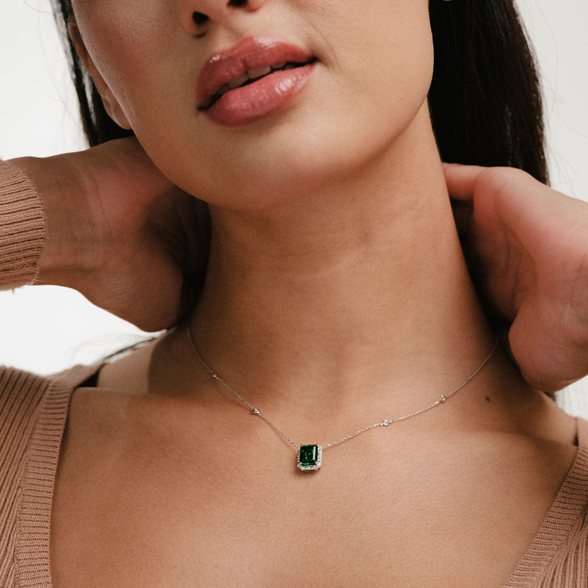 Diamond Astra 1.50ct Lab Emerald and Diamond Halo Octagon Cut Necklace in Silver