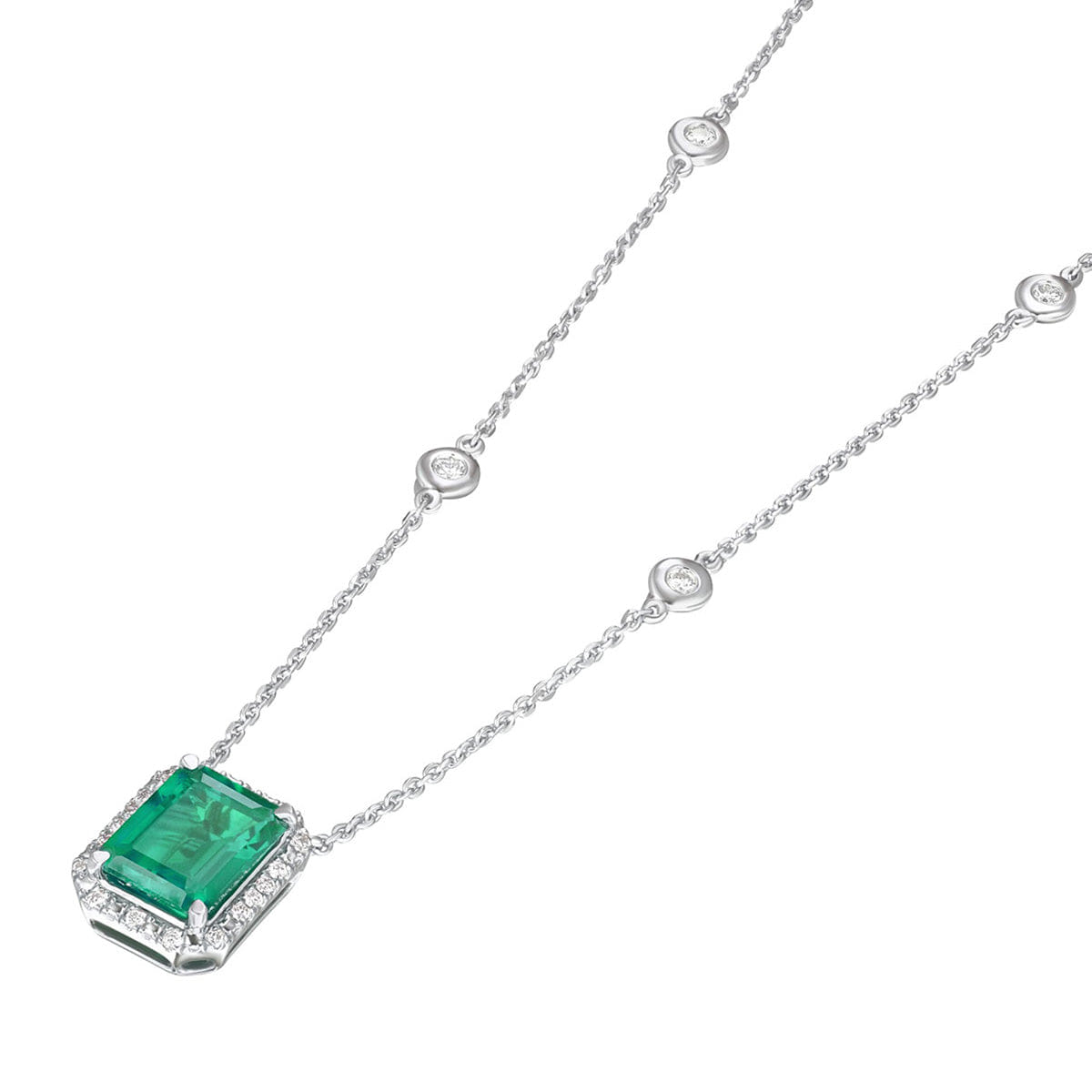 Diamond Astra 1.50ct Lab Emerald and Diamond Halo Octagon Cut Necklace in Silver