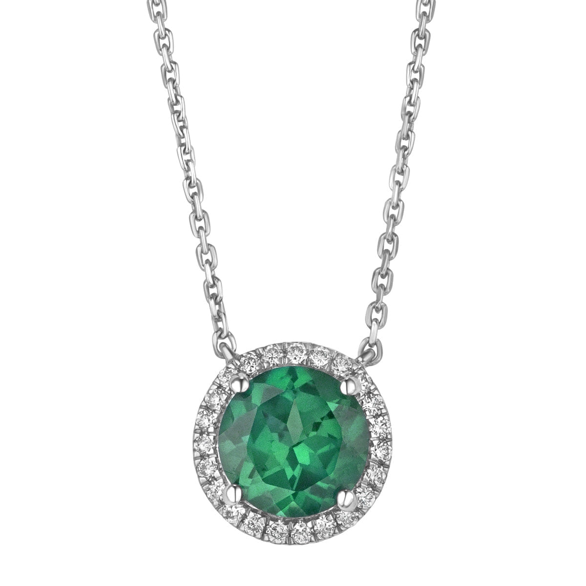 Diamond Astra 2.30ct Lab Emerald and Diamond Halo Round Cut Necklace in Silver
