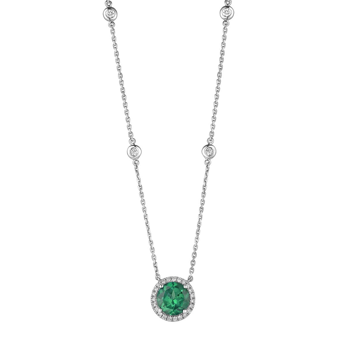 Diamond Astra 2.30ct Lab Emerald and Diamond Halo Round Cut Necklace in Silver