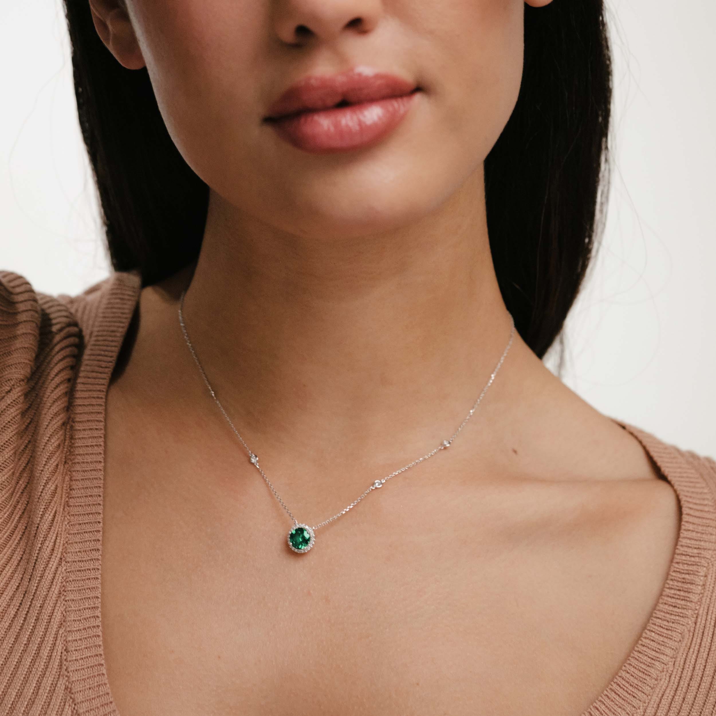 Diamond Astra 2.30ct Lab Emerald and Diamond Halo Round Cut Necklace in Silver