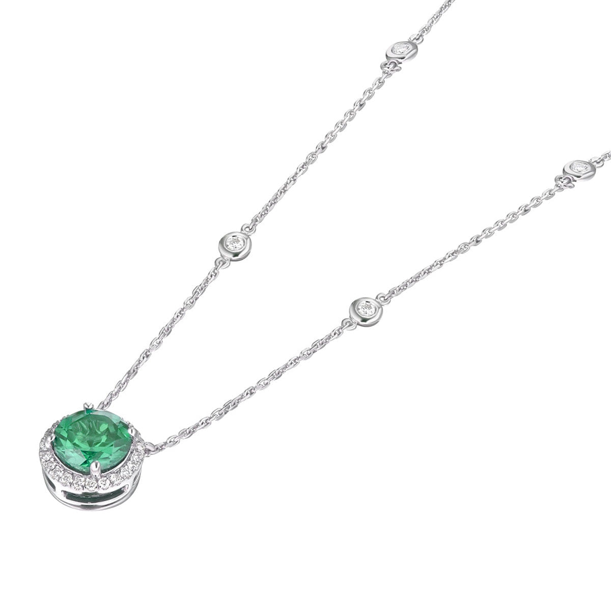 Diamond Astra 2.30ct Lab Emerald and Diamond Halo Round Cut Necklace in Silver