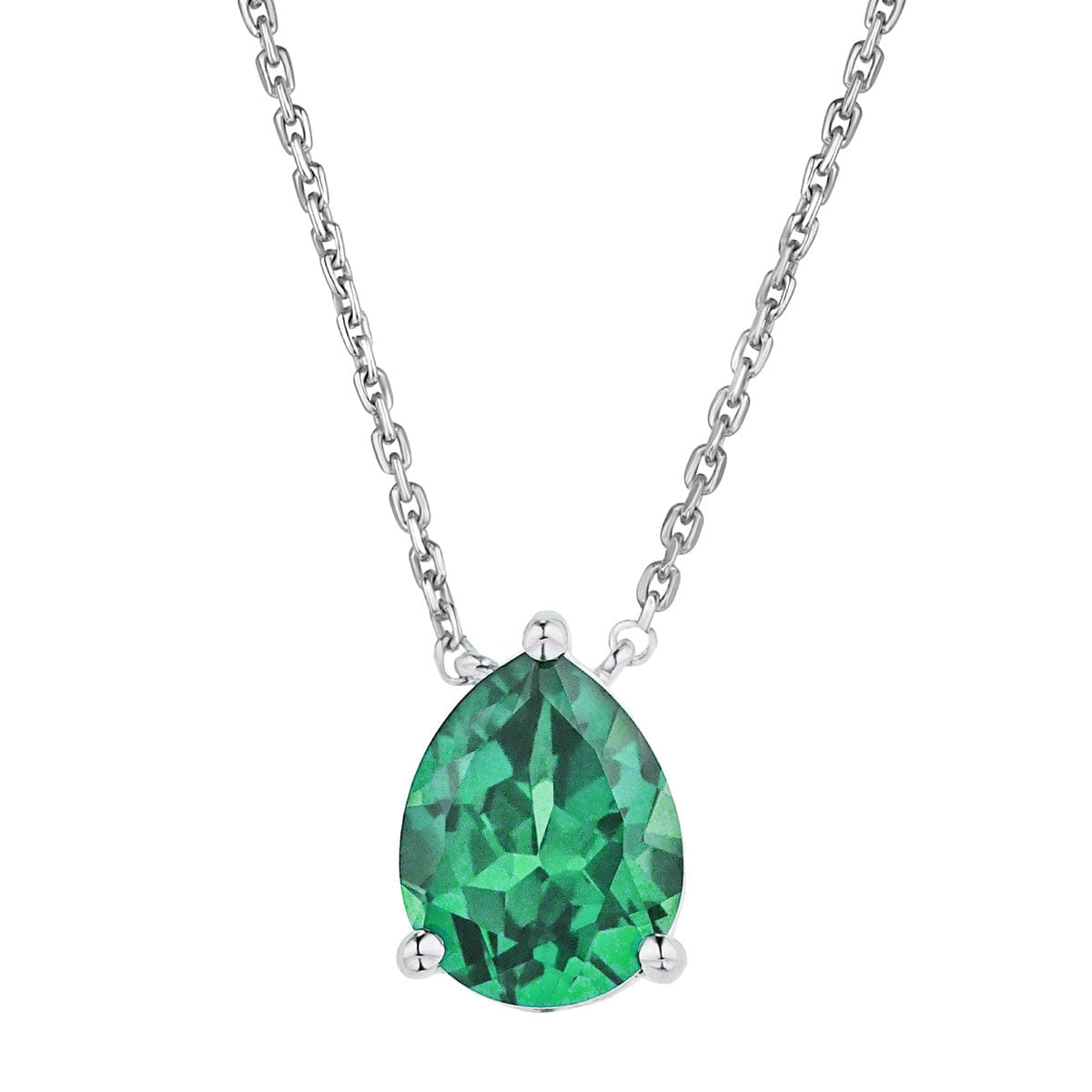 Solitaire Astra 2.40ct Lab Emerald and Diamond Solitaire Pear Cut Necklace in Silver