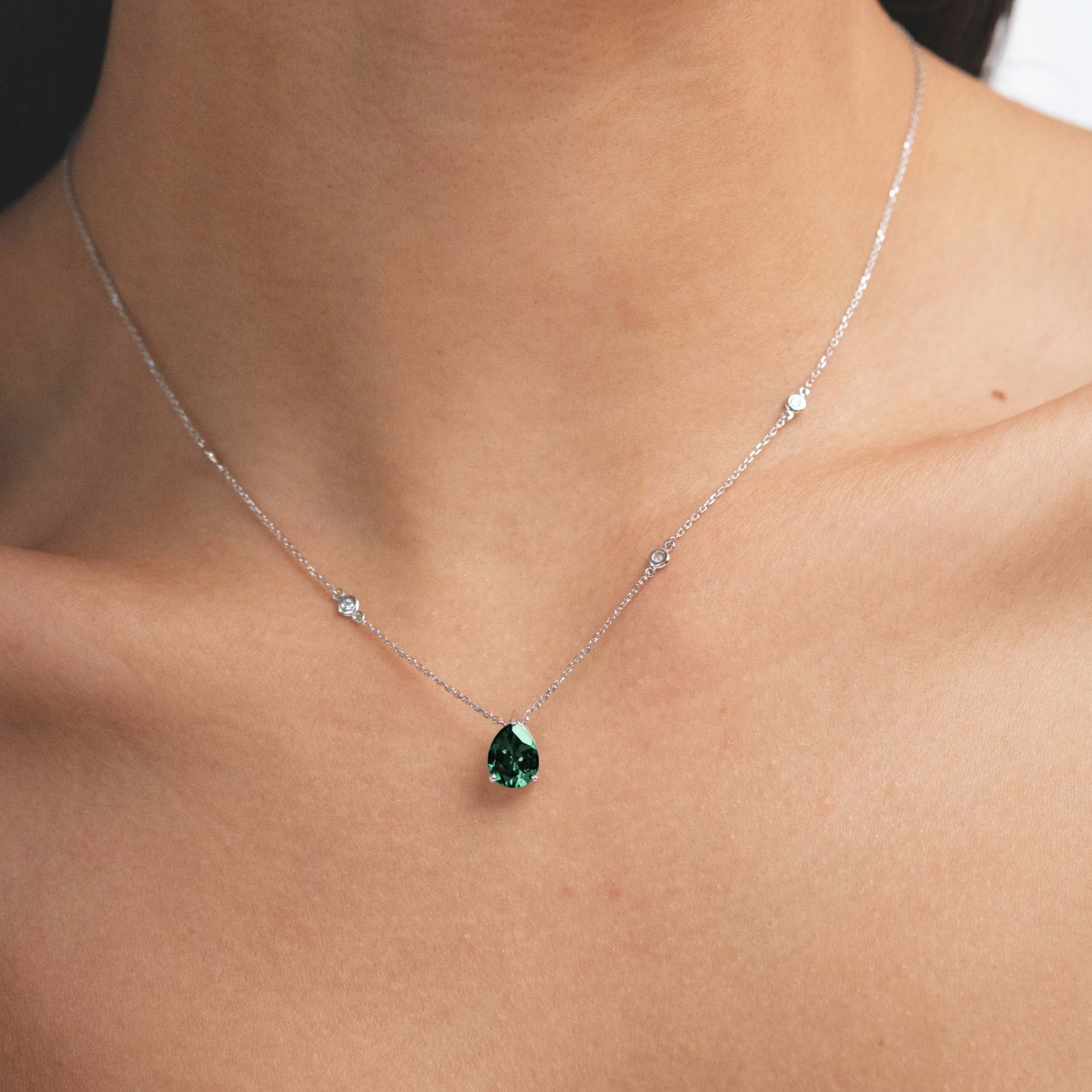 Solitaire Astra 2.40ct Lab Emerald and Diamond Solitaire Pear Cut Necklace in Silver