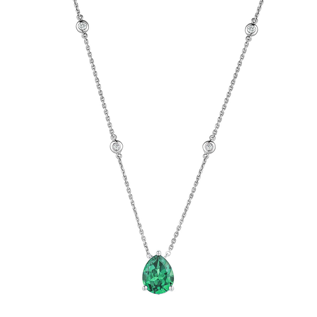 Solitaire Astra 2.40ct Lab Emerald and Diamond Solitaire Pear Cut Necklace in Silver
