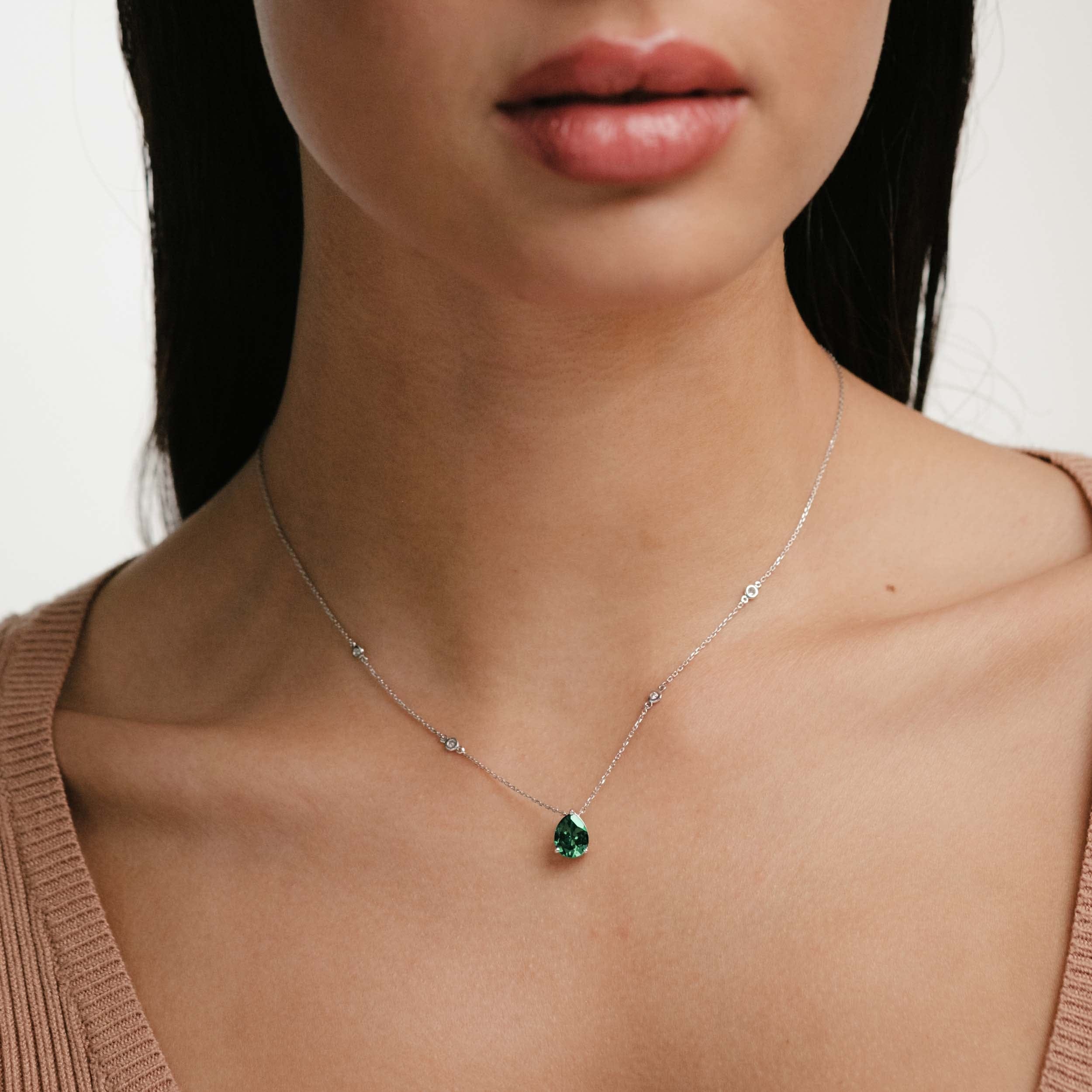 Solitaire Astra 2.40ct Lab Emerald and Diamond Solitaire Pear Cut Necklace in Silver