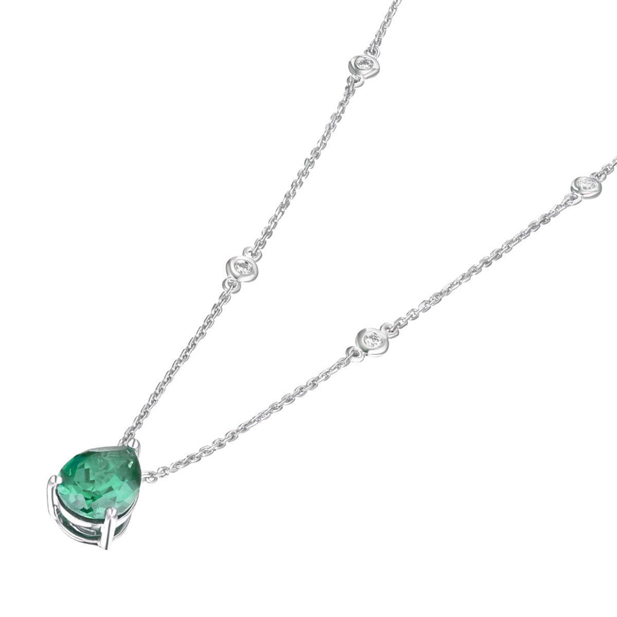Solitaire Astra 2.40ct Lab Emerald and Diamond Solitaire Pear Cut Necklace in Silver