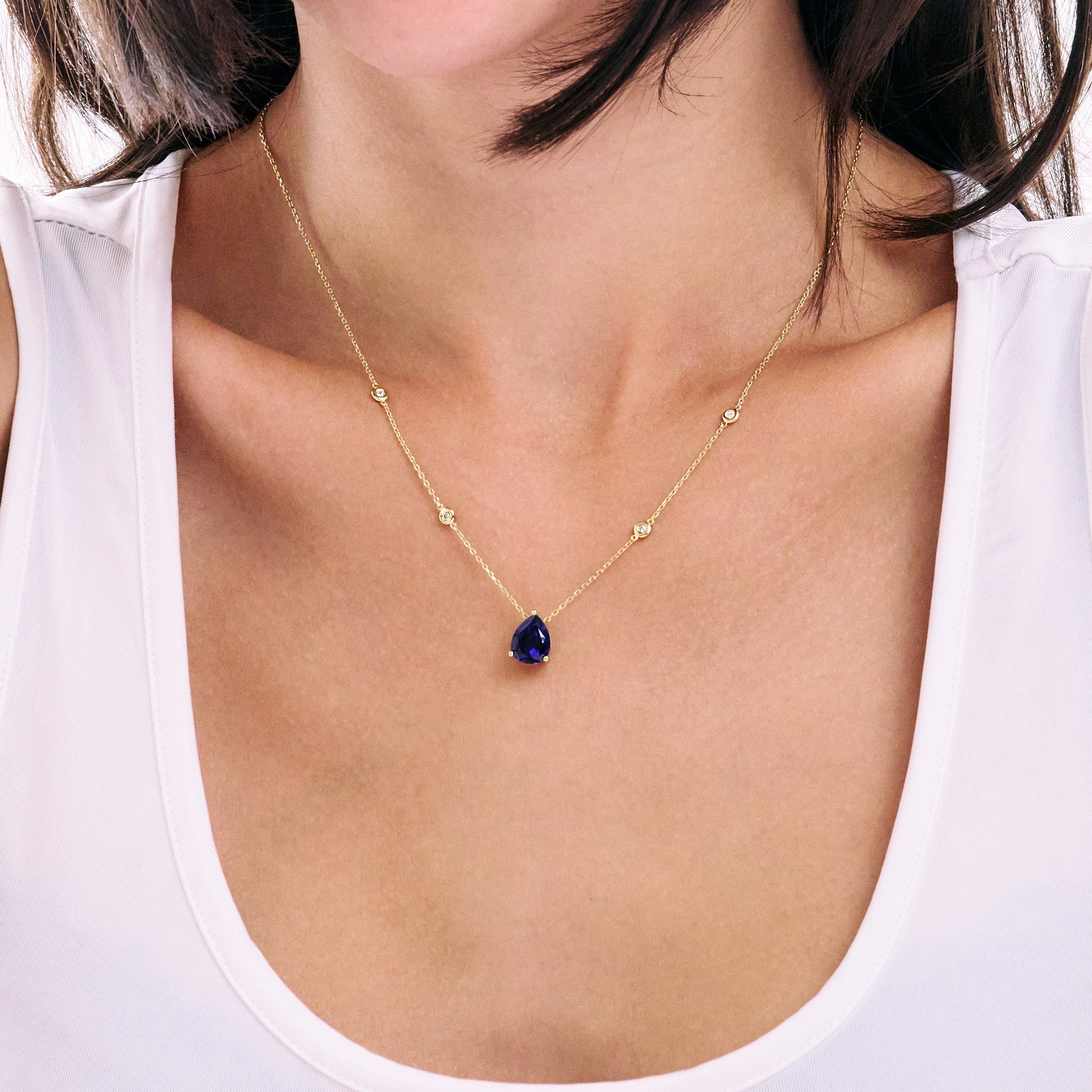 Solitaire Astra 3.20ct Lab Sapphire and Diamond Solitaire Pear Cut Necklace in 18K Gold Vermeil