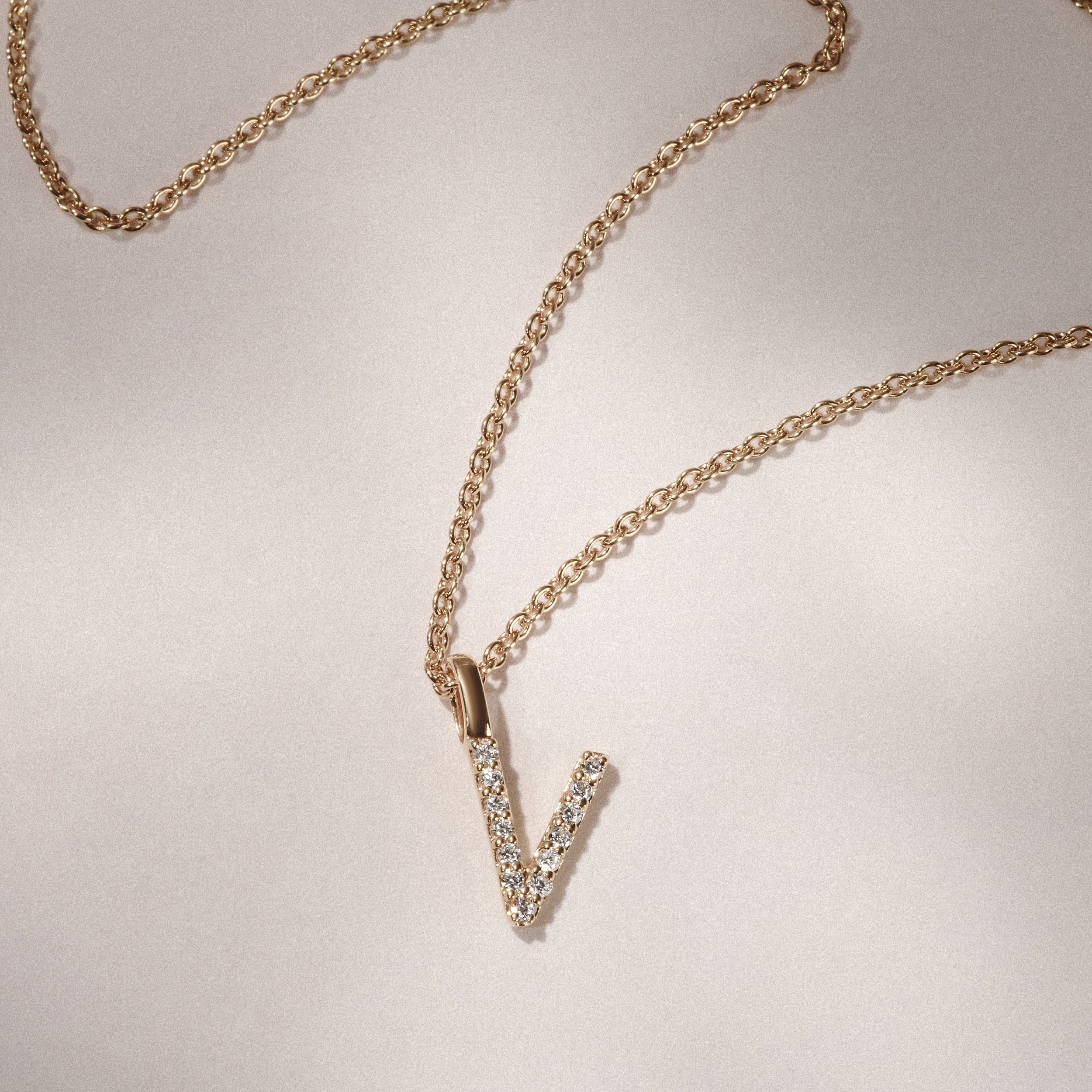 Initial Love Letter Initial V Lab Diamond Necklace set in 9K Yellow Gold