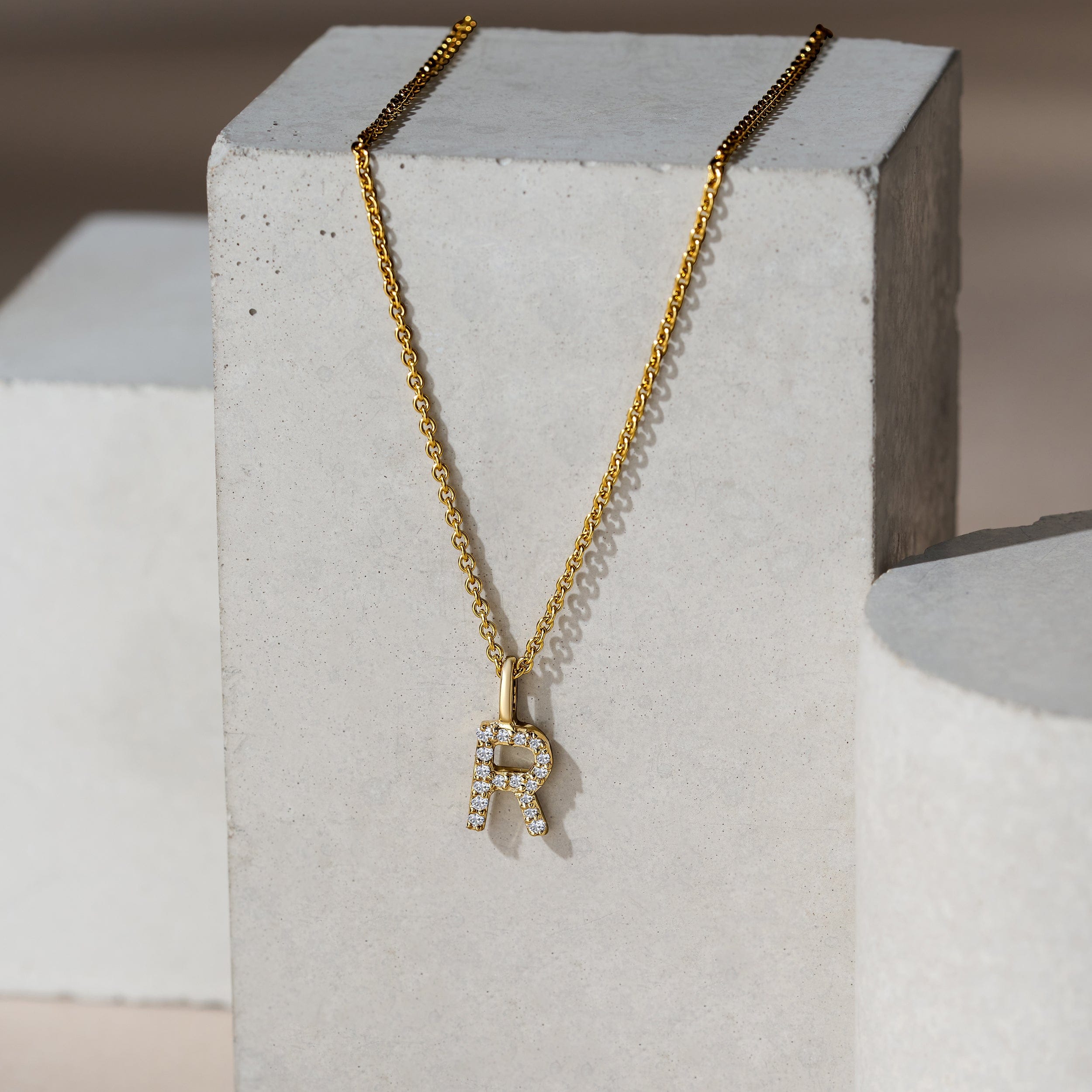 Initial Love Letter Initial R Lab Diamond Necklace set in 9K Yellow Gold